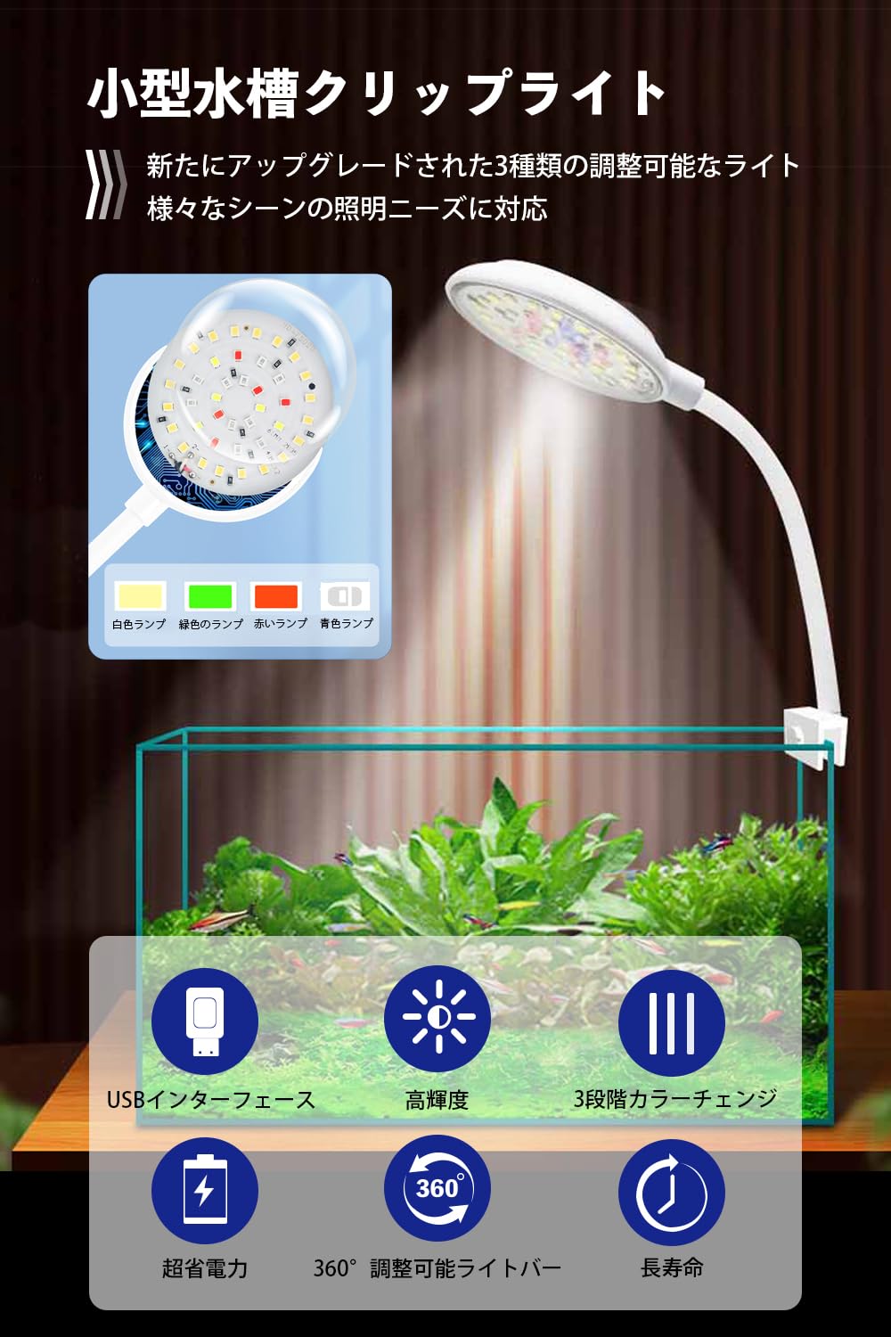 Amazon | Mriocan 水槽ライト 7W 水族館 クリップライト 照明小型成長