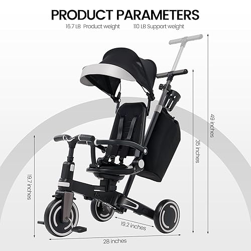 Miniatura 9 de Aneco Triciclo multifuncional 9 en 1 para bebés de 10 meses a 3 años con toldo extraíble, arnés de seguridad para asiento giratorio, freno de rueda,