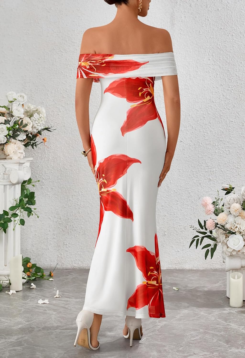 MEROKEETY Women's Spring Off Shoulder Floral Maxi Dress 2026 Summer Formal Beach Wedding Guest Cocktail Bodycon Dresses - Image 4