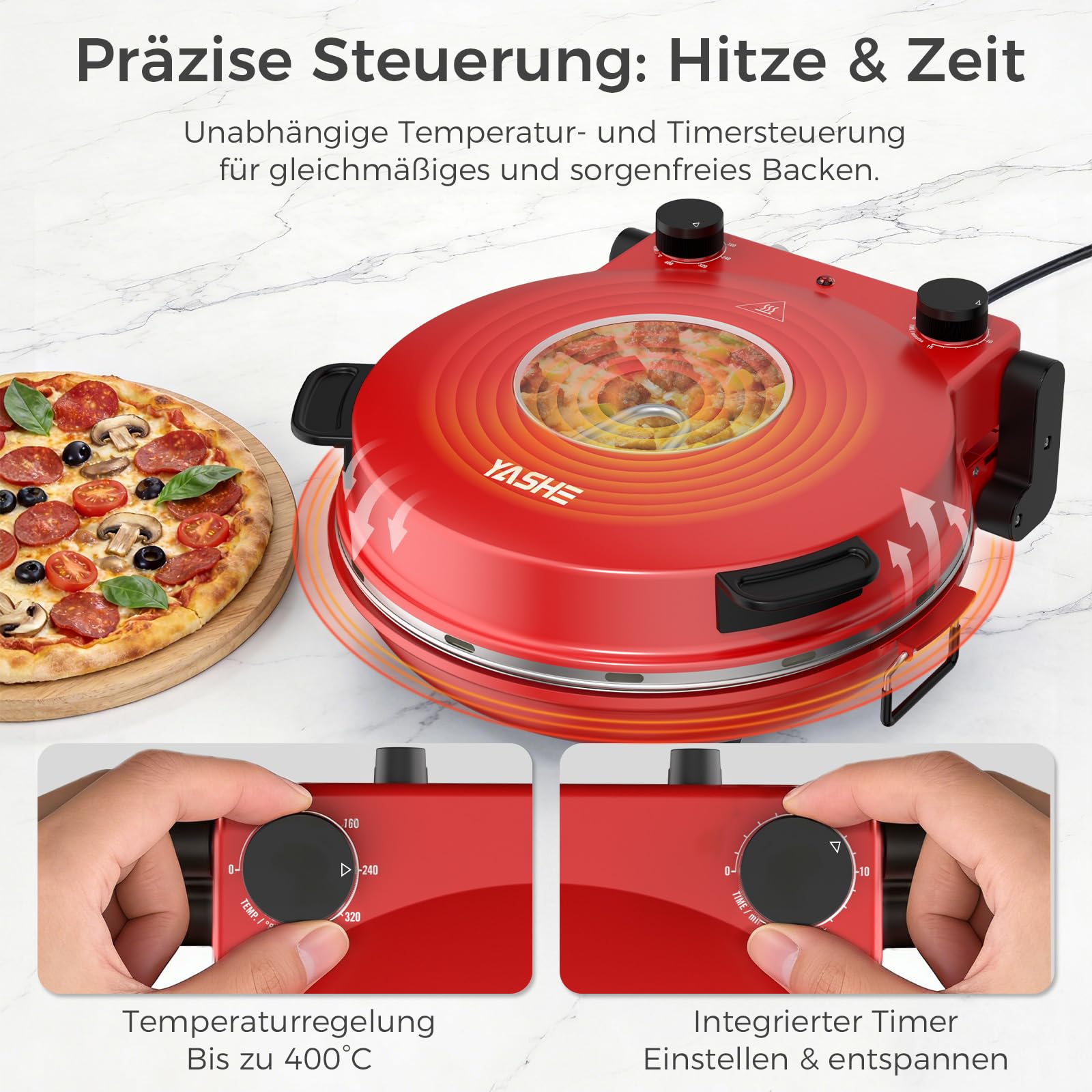 YASHE Elektrischer Pizzaofen 400°C 30 cm Keramik-Pizzastein 1200W Ober- und Unterhitze Timer