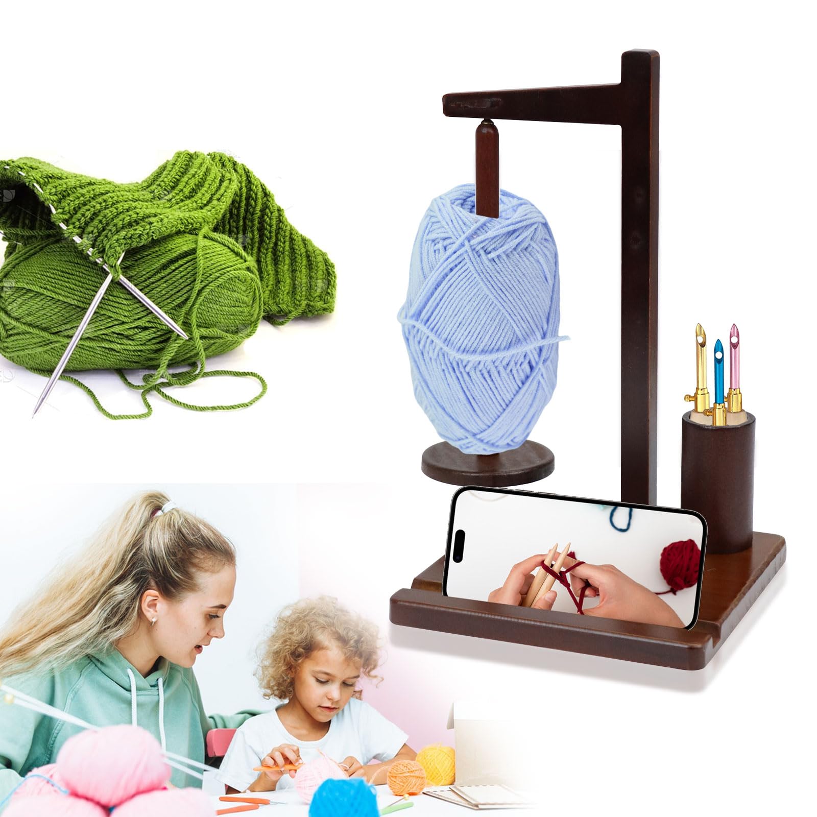 Support Pelote De Laine Magnétique En Bois Avec Porte-Téléphone - Dérouleur Rotatif Pour Tricot Et Crochet