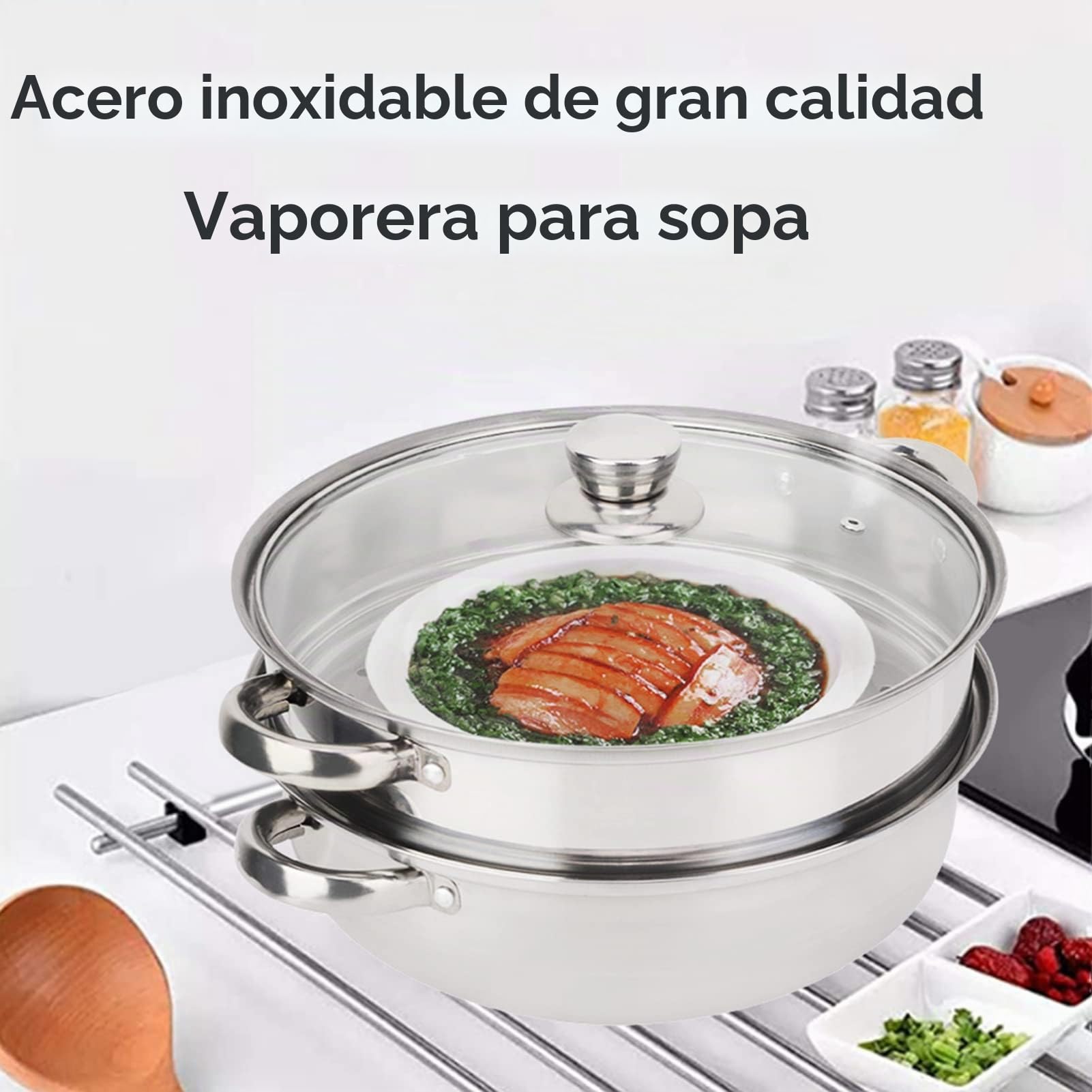 Juego de Ollas de Vapor y Sartenes de Cocina, Acero Inoxidable, 2 Capas, Vaporizador de Alimentos, Olla de Stock, Mango Humanizado, Vaporizador de Carne y Verduras, Diseño Poroso