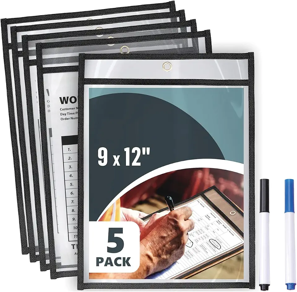 Reusable Dry Erase Sleeves, Work Ticket Holder Dry Erase Pockets 5 Pack Ideal for Home Study, School & Office, Shop Ticket Holders for Teacher Supplies Clear Dry Erase Pocket 9" x 12" (Black)