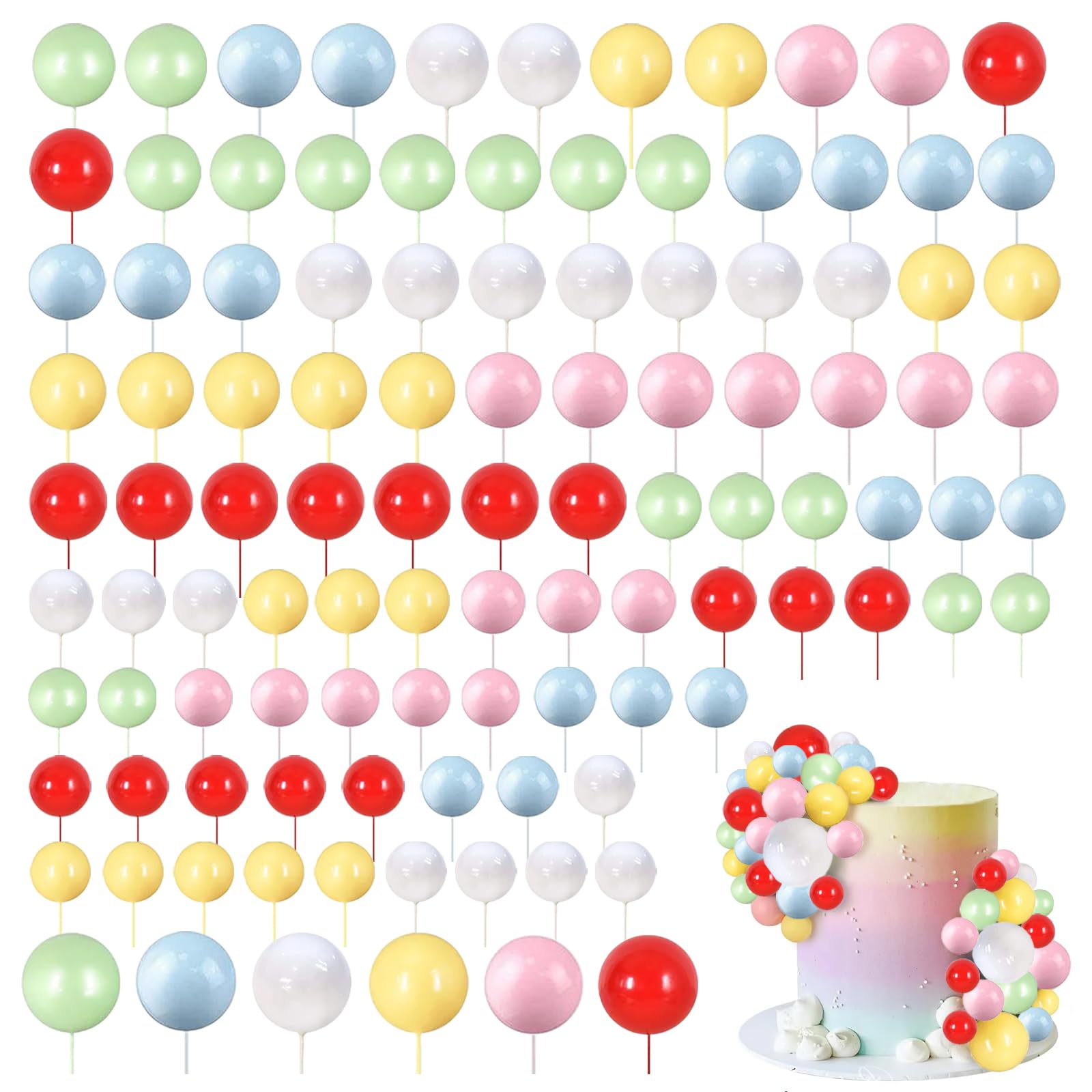 Ball Cake Topper Decorations Topper Sticks, Mini Balloon Cake Topper Balls, Foam Round Ball Cake Toppers for Birthday Party Wedding Valentine's Day Cake Decorations (108 Pcs)
