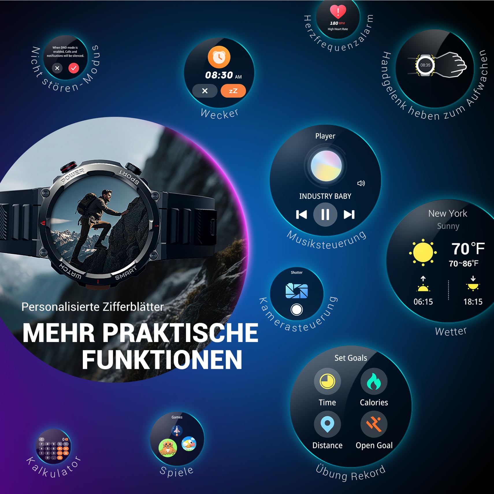 Blackview Herren Smartwatch IP68 Wasserdicht 100 Tage Akku 1,45'' Touchscreen Bluetooth-Anruf Herzfrequenz Schlafanalyse Sportuhr 100+ Sportmodi