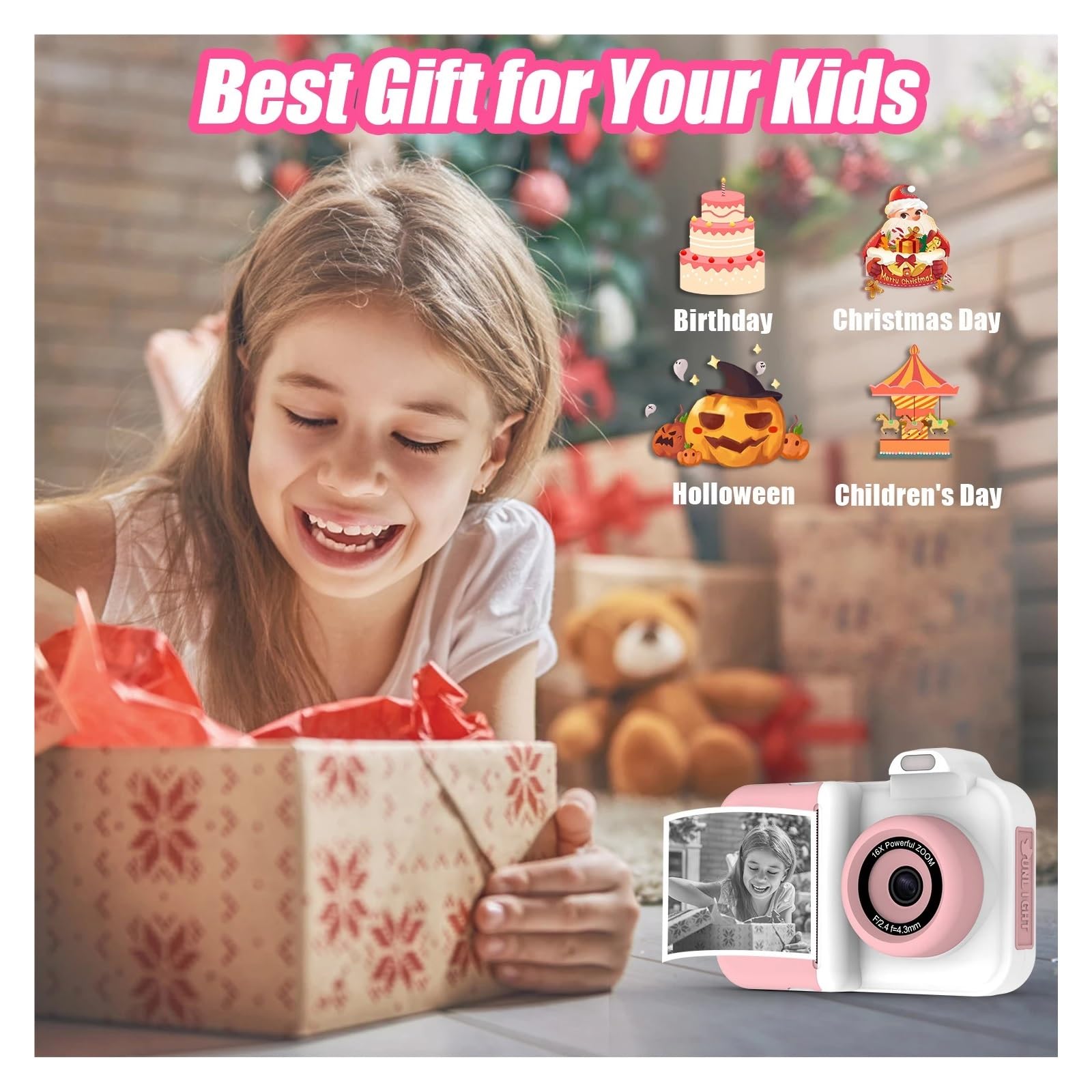 Fotocamera a stampa istantanea for bambini Mini videocamera digitale Doppia lente Stampa fotografica Carta termica Giocattoli Fotocamera Ragazzi Ragazze Regali(White Purple)