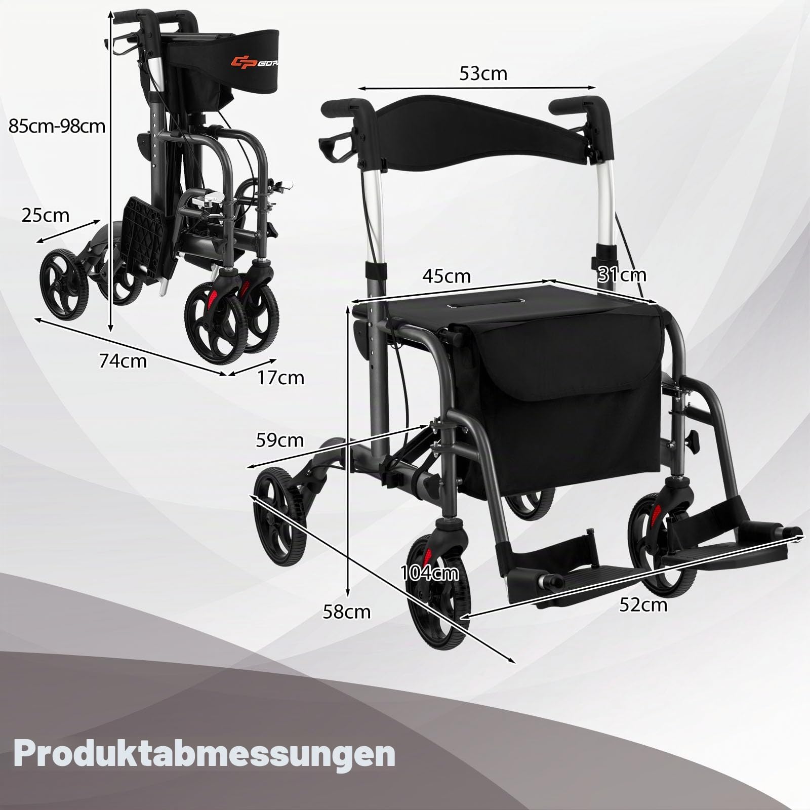 HOMASIS 2 in 1 Rollstuhl Rollator faltbar & leicht mit Sitz, Gehhilfe 6-fach höhenverstellbar, Alu Gehwagen mit Fußstützen, bis 136 kg, Reiserollator Laufhilfe mit Stockhalter & Tasche (Schwarz)