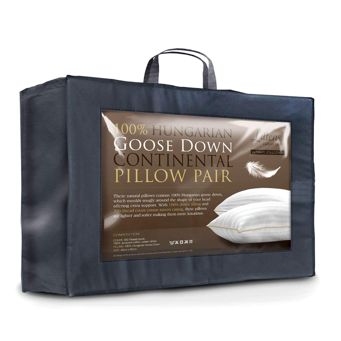 – Luxury European Continental 40cm x 80cm Ultimate Collection 100% Hungarian Goose Down Pillows Pair 300TC 100% Cotton Jacquard Casing, Down Proof, Gold Piping (16" x 32")