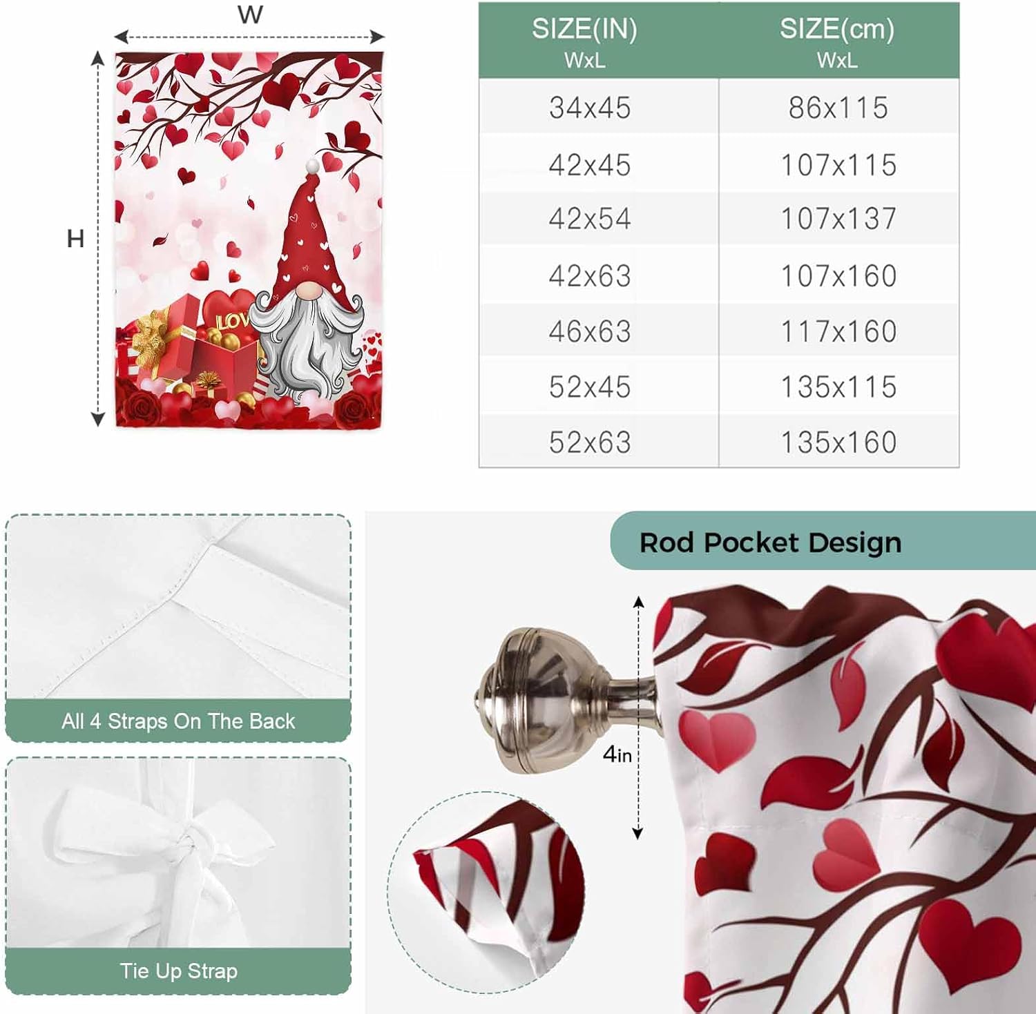 Red Valentine's Day Tie Up Curtains for Window, Gnomes Love Heart Branches Pink Thermal Insulated Balloon Shade Adjustable Rod Pocket Curtains Valance Panels for Kitchen Bathroom Café 52'' x 45''