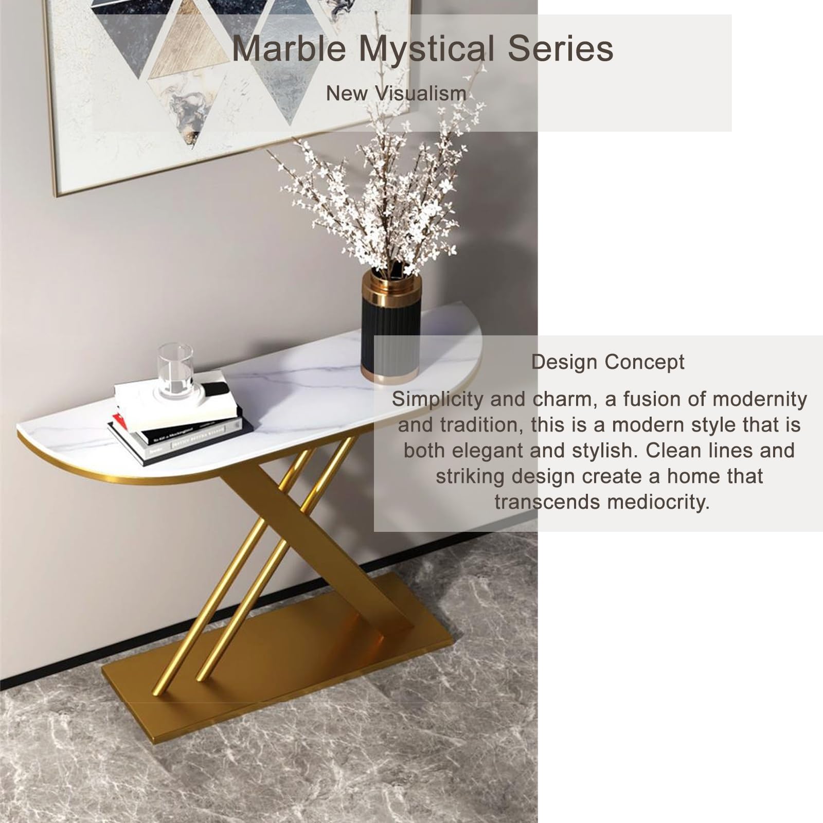 Consolle Stretta con Moderno Piano in Finto Marmo E Design A X Dietro Il Divano, Tavolo Consolle Ingresso Adatta A Piccoli Divani in Soggiorni E Ingressi(Silver,120cm/47.2in)