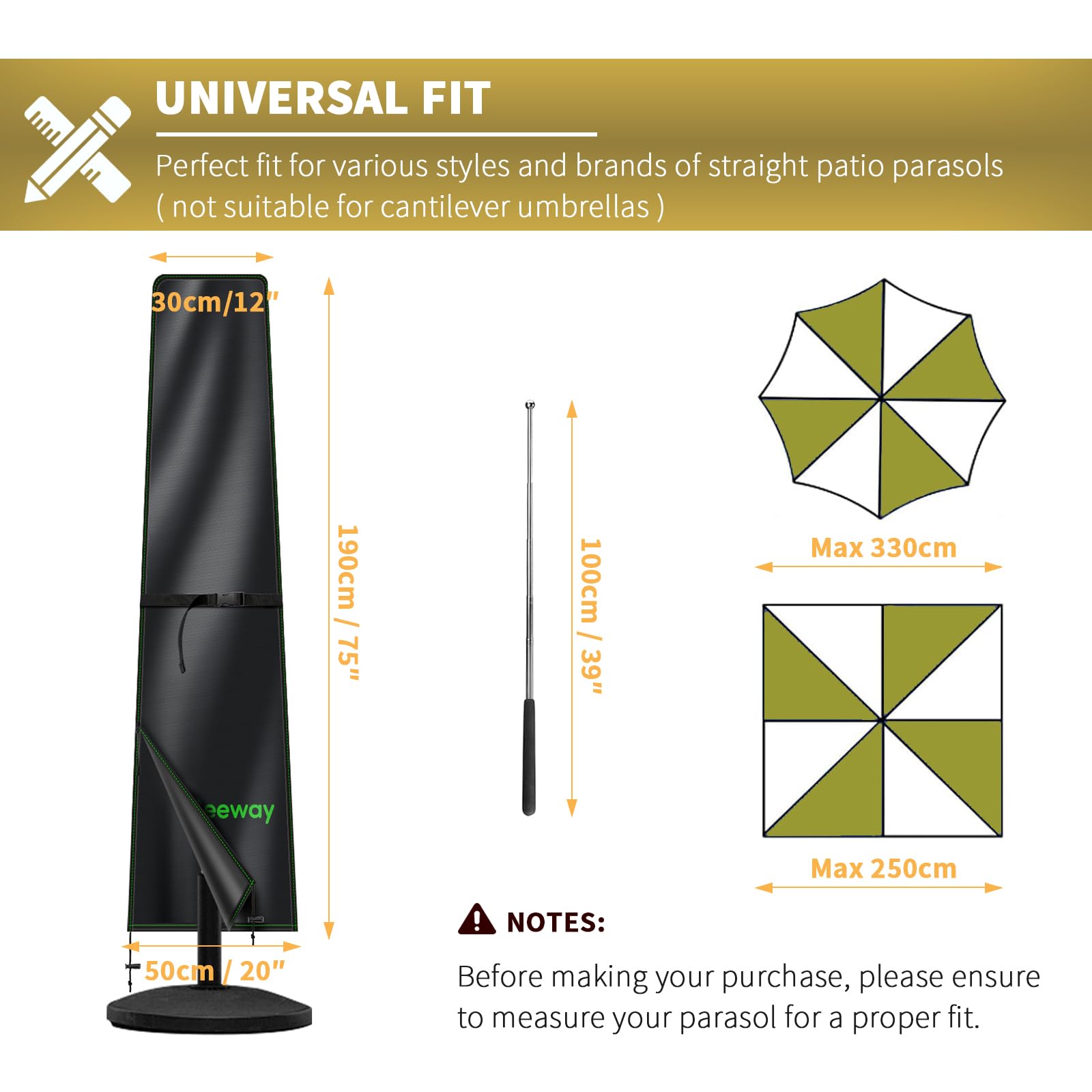 BEEWAY Parasol Cover Waterproof, Outdoor Garden Umbrella Cover with Zipper and Rod Fit for 2m to 3m Patio Parasols - Image 2