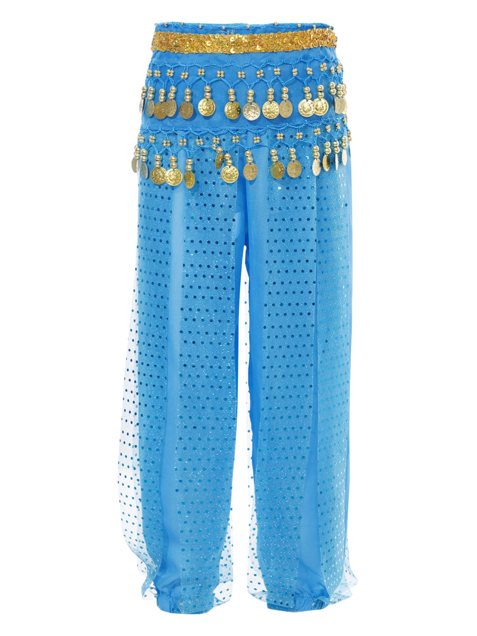 inlzdz Pantalón Bombacho con Monedas para Niñas Pantalones De Gasa Brillante Cintura Elástica Pantalones De Harén De Baile Latino De Yoga