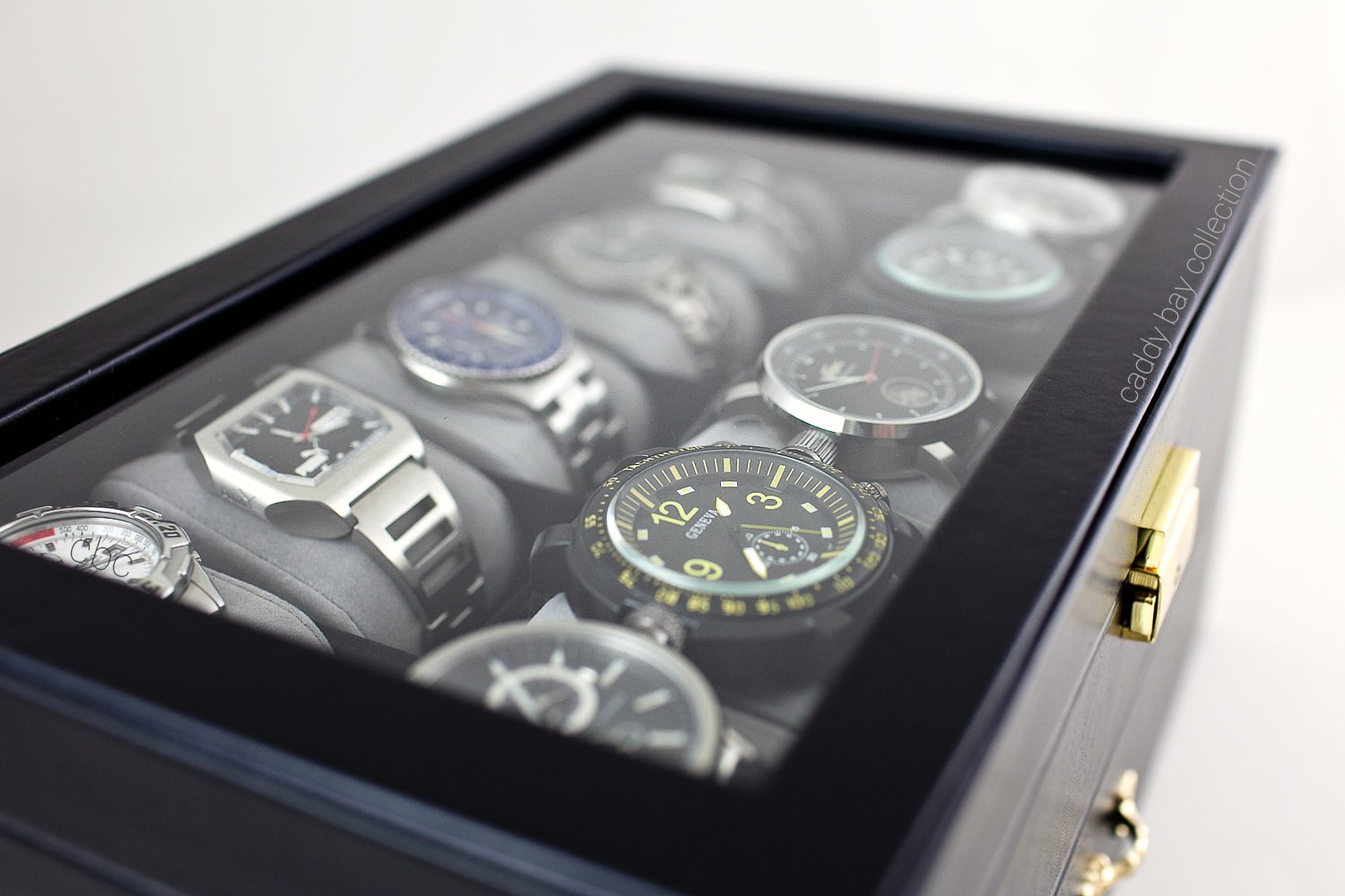 Caddy Bay Collection Black Classic Watch Case Display Box with Clear Glass Top Holds 20 Watches