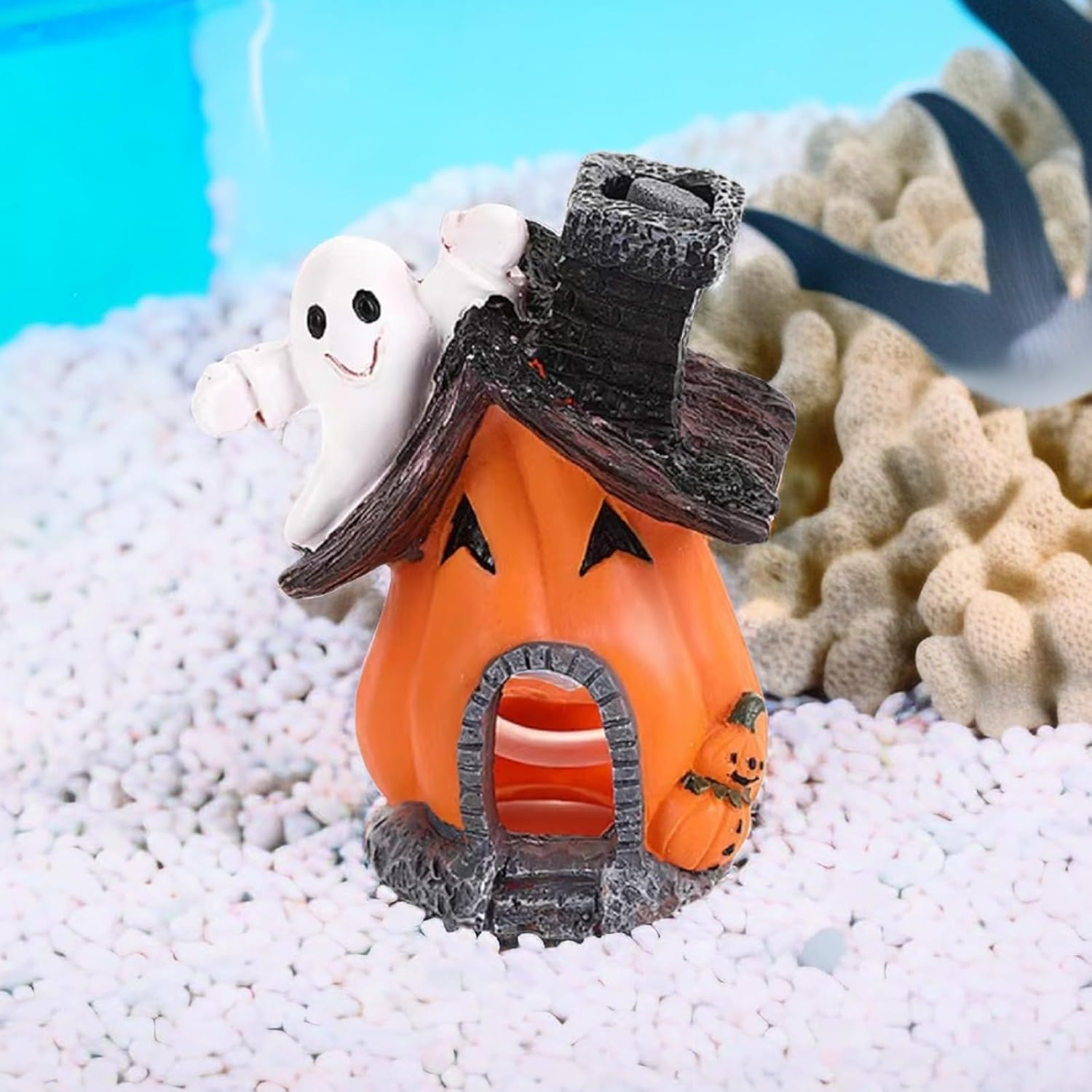JALEO Pumpkin House Air Bubbler, Resin Aquarium Pumpkin