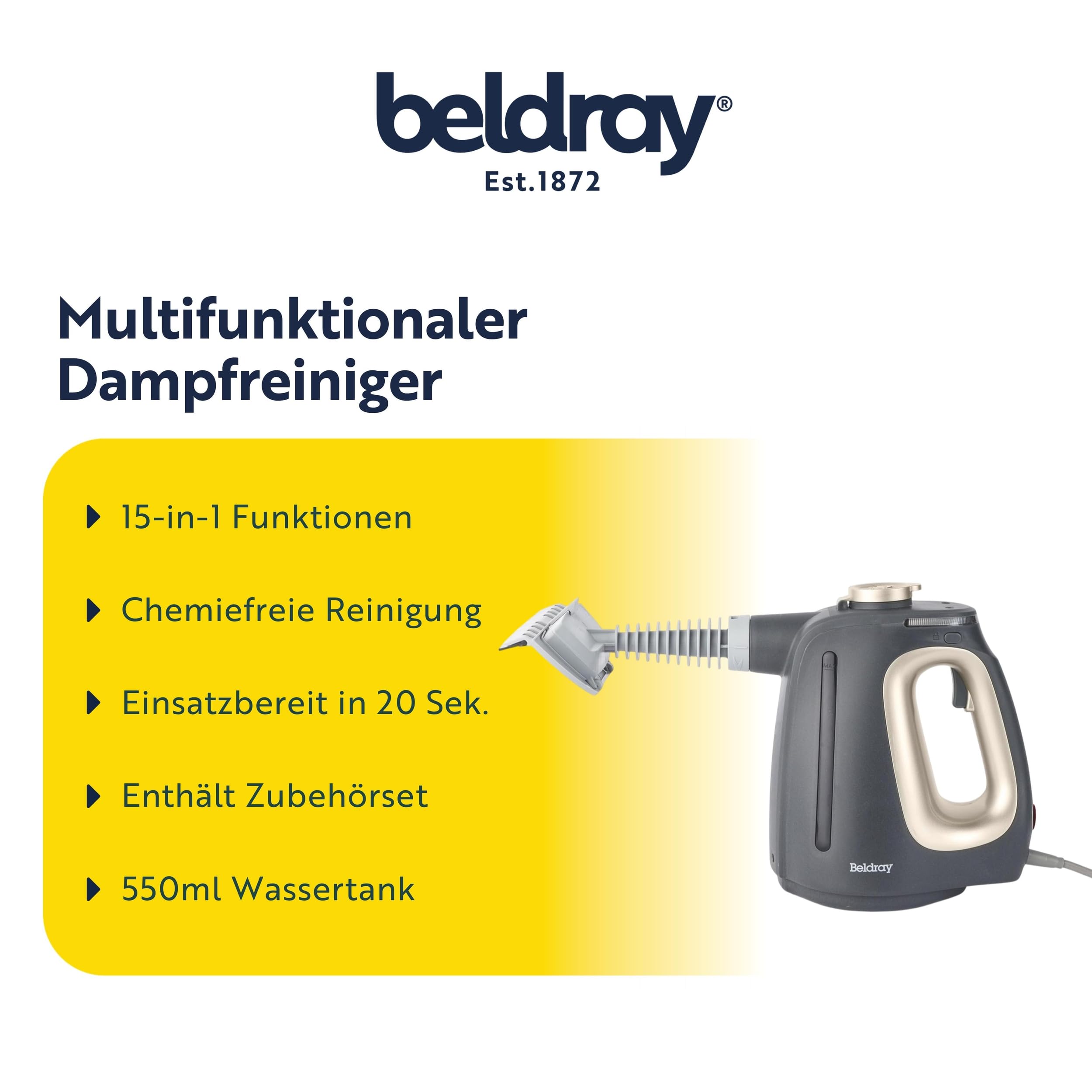 Beldray 15-in-1 Dampfreiniger – Multifunktionaler Handdampfer, chemiefreie Reinigung, einsatzbereit in 20 Sekunden. Mit Reinigungsbürsten, Bodenmopp-Pads & Düsen, 550ml Wassertank, 1350W