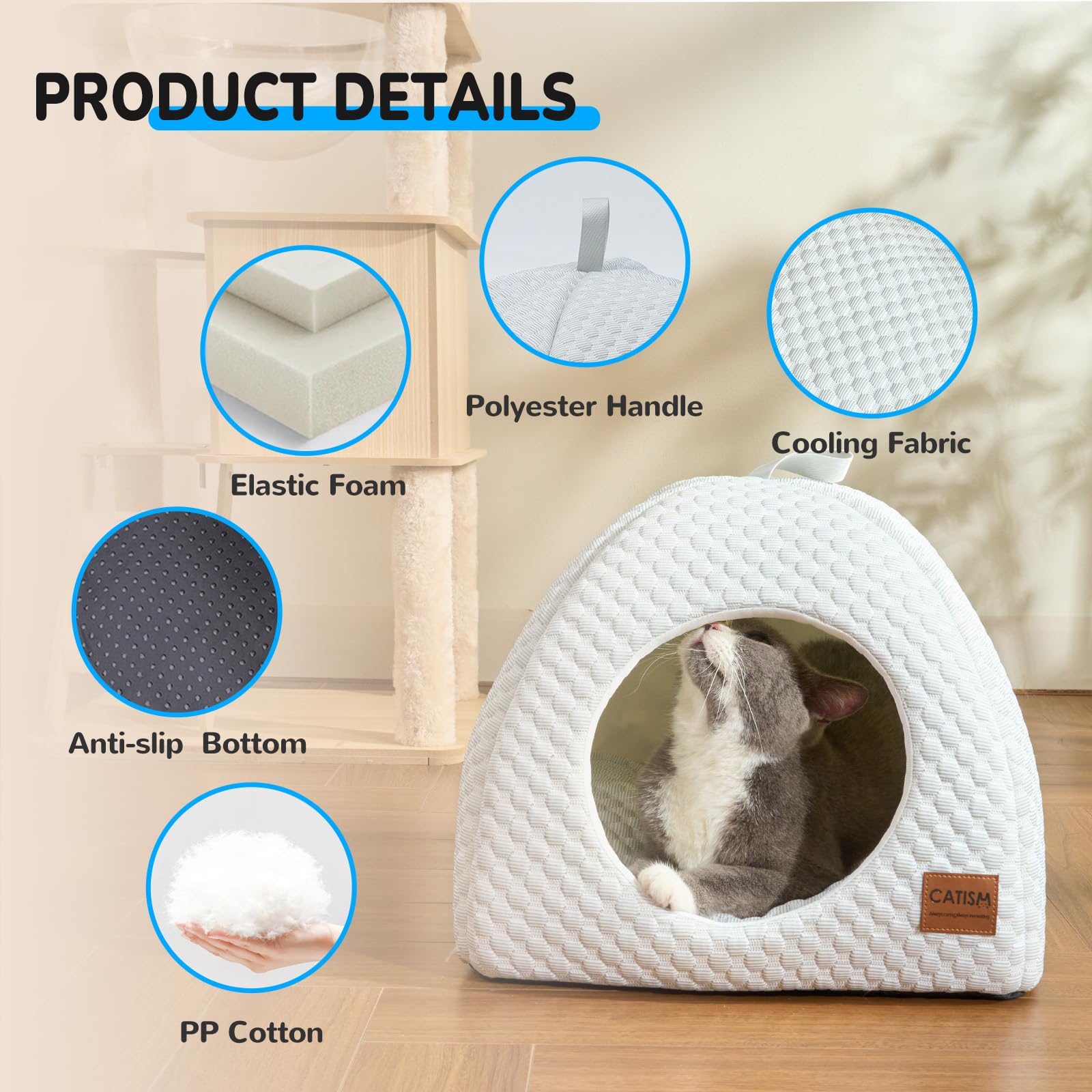 CATISM Niche Rafraîchissante pour Chat | 2 en 1 Lit Rafraichissant Chat d'intérieur Lavable en Machine Pliable avec Tapis Rafraichissant Coussin | Maison pour Chats et Chiot | Blanc Gris
