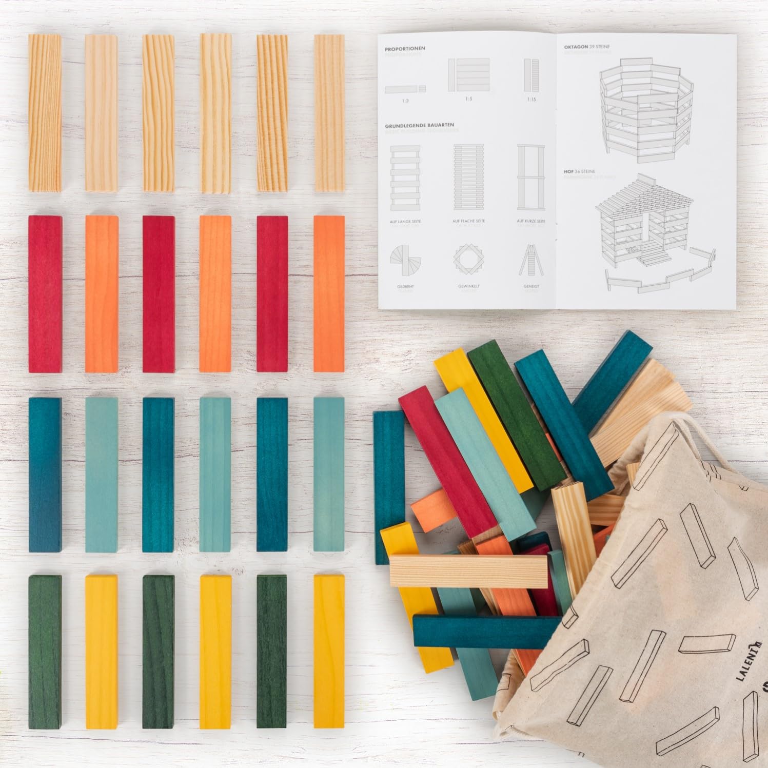 Laleni Bloques Madera construcción niños 220 Piezas Color Natural + 90 de Colores - Juego Bloques Madera y Caja - construcciones de Madera - Piezas Madera construcción niños - Bloques de Madera Pino