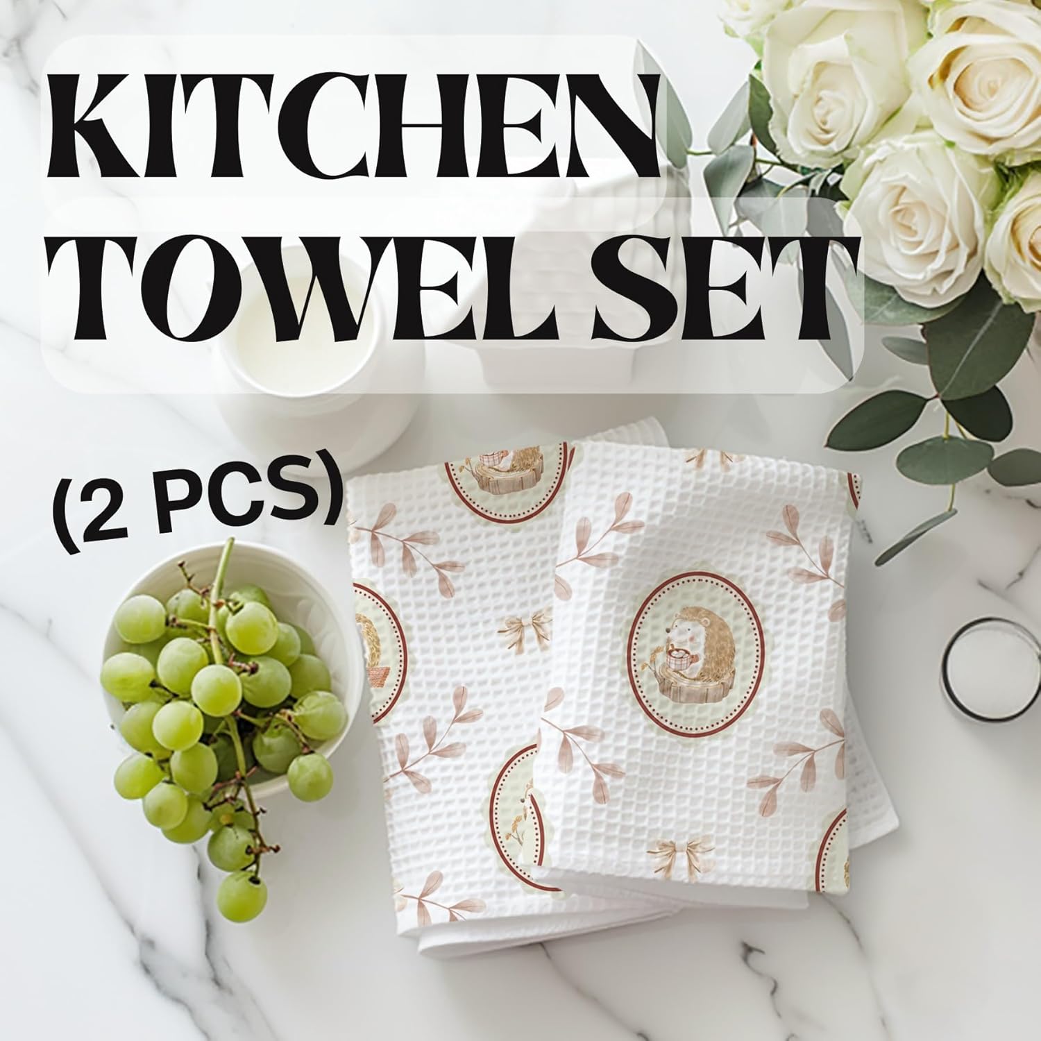 InnoBeta Hedgehog Gifts for Women, Hedgehog Decor Pattern Dish Tea Hand Kitchen Towel, 2 Pack, 16x24 in Microfiber - Image 2