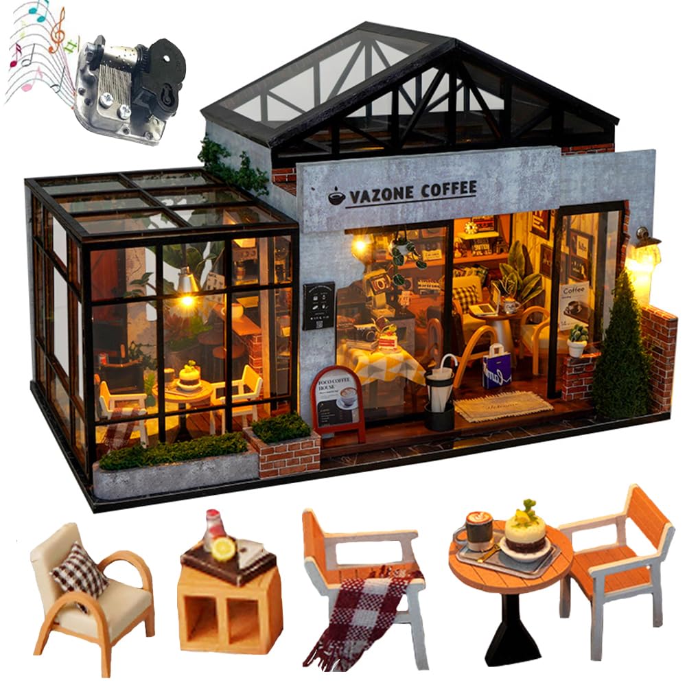 Kit de construction de maison miniature à faire soi-même, scène de café avec éclairage LED et œuvre musicale, modèle de décoration artisanal fait à la main pour décoration de bureau et de salon