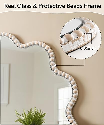 Miniatura 6 de Espejo de pared, espejo redondo de granja con cuentas, marco ondulado, círculo para colgar, decoración de pared bohemia para sala de estar, entrada,