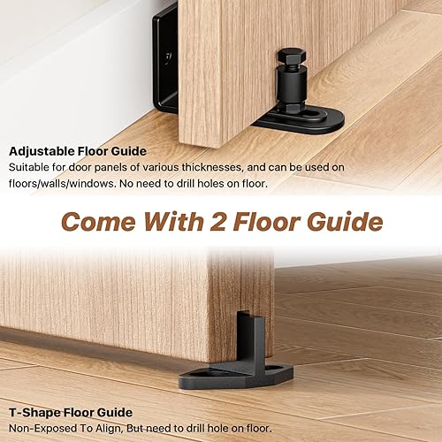 Miniatura 4 de Signstek Kit de herrajes para puerta corrediza de granero de 5 pies, resistente con gancho de puerta, guía de suelo ajustable y 2 asas, fácil de