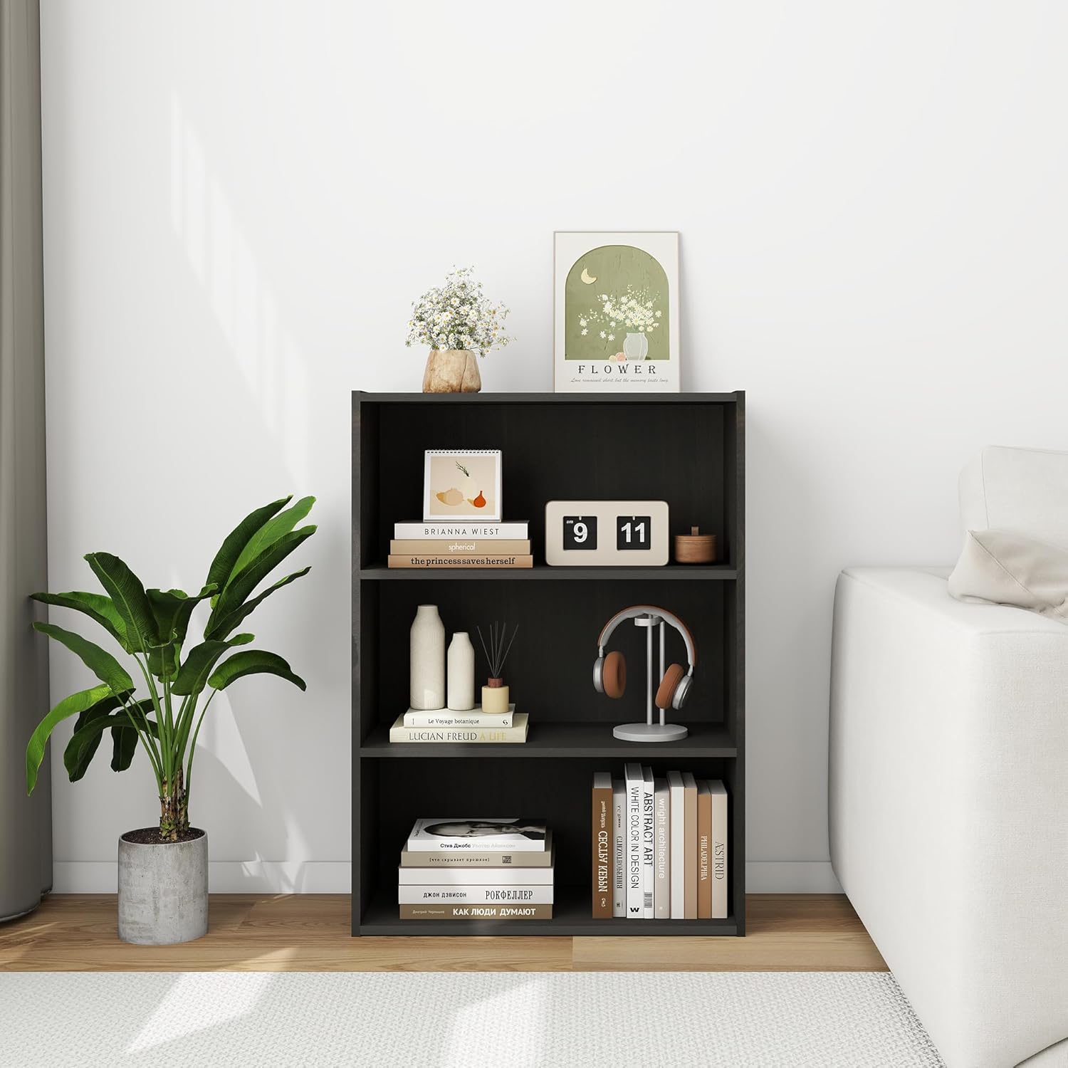 Wooden 3 Shelf Bookcase, 9.7" D*23.7" W*31.5" H Wooden Black Book Shelf with Three Storage Space, 3 Tier Small Bookshelf for Small Spaces, Black
