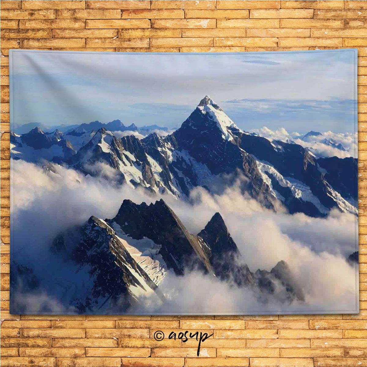 SUPFENG №00114 Tapestry | Apartment Decor,Landscape of High Majestic Mountains with Cook Peak with Mist Cloud Earth Photo,White Blue Grey | Wide Wall Hanging for Bedroom Living Room Dorm, 80" X 60"