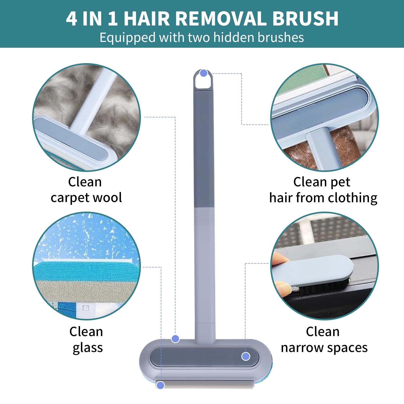 4 in 1 Pet Hair Remover for Carpet Sofa & Furniture - Dog & Cat Hair Remover Brush Tool, Blue - Image 2