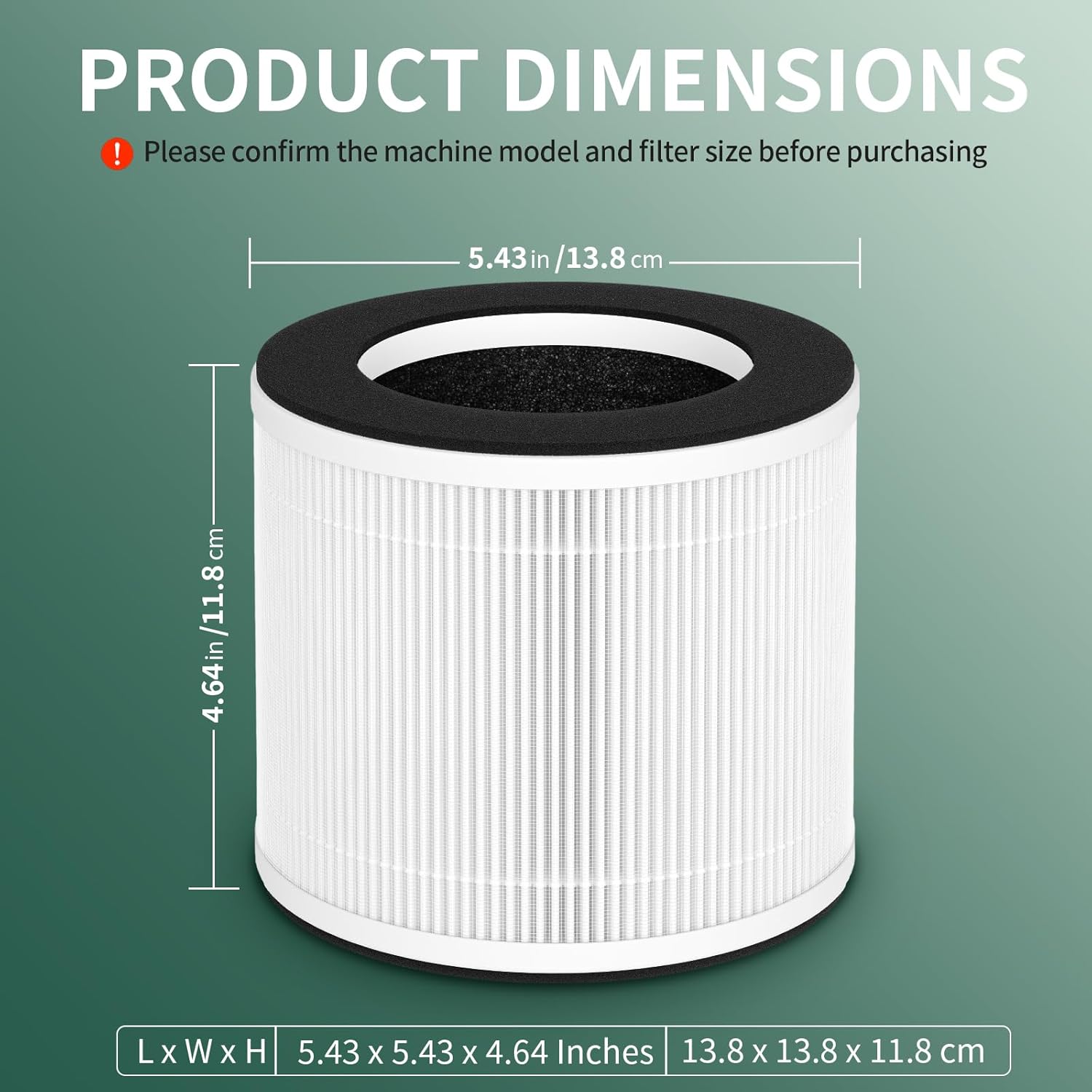 Diagram showing the dimensions of the HKJ-50A filter: 5.43 inches (13.8 cm) in diameter and 4.64 inches (11.8 cm) in height.