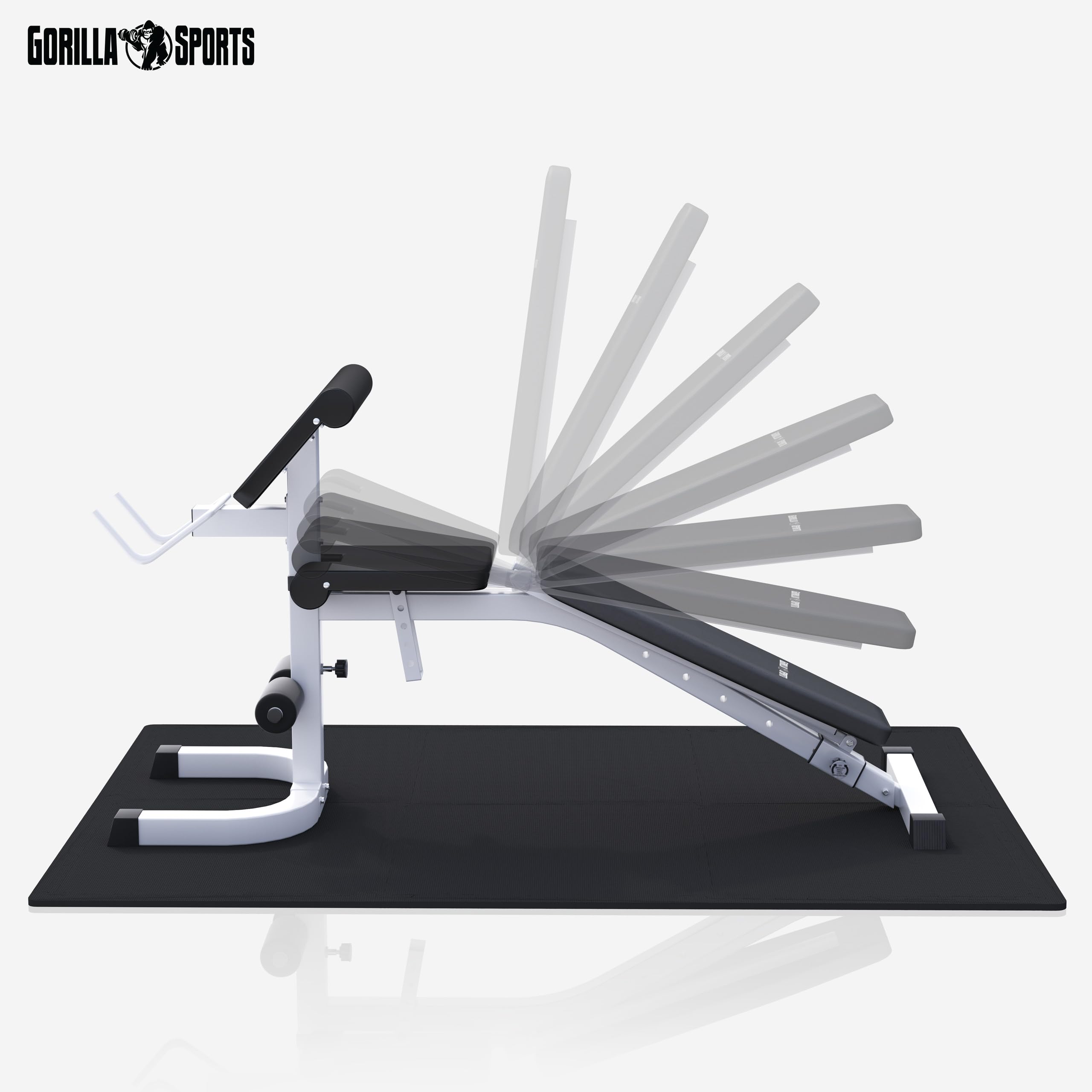 GORILLA SPORTS® Banc de Musculation Multifonction - Kit d'Haltères 100kg, à Tapis de Protection Sol, Curl Pult, Support Barre, Réglable - Banc Haltérophilie, Pliable, Set Entraînement Complet, Fitness