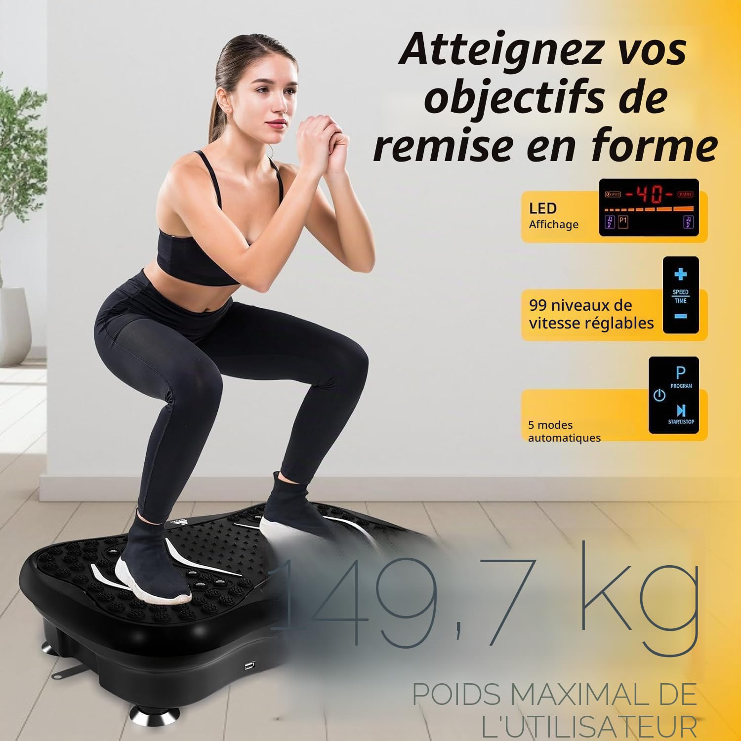 EVOLAND Plaque de Vibration Fitness Machine avec Haut-Parleur Bluetooth, 5 Modes, 2 Bandes de Résistance, Charge Max 150 kg