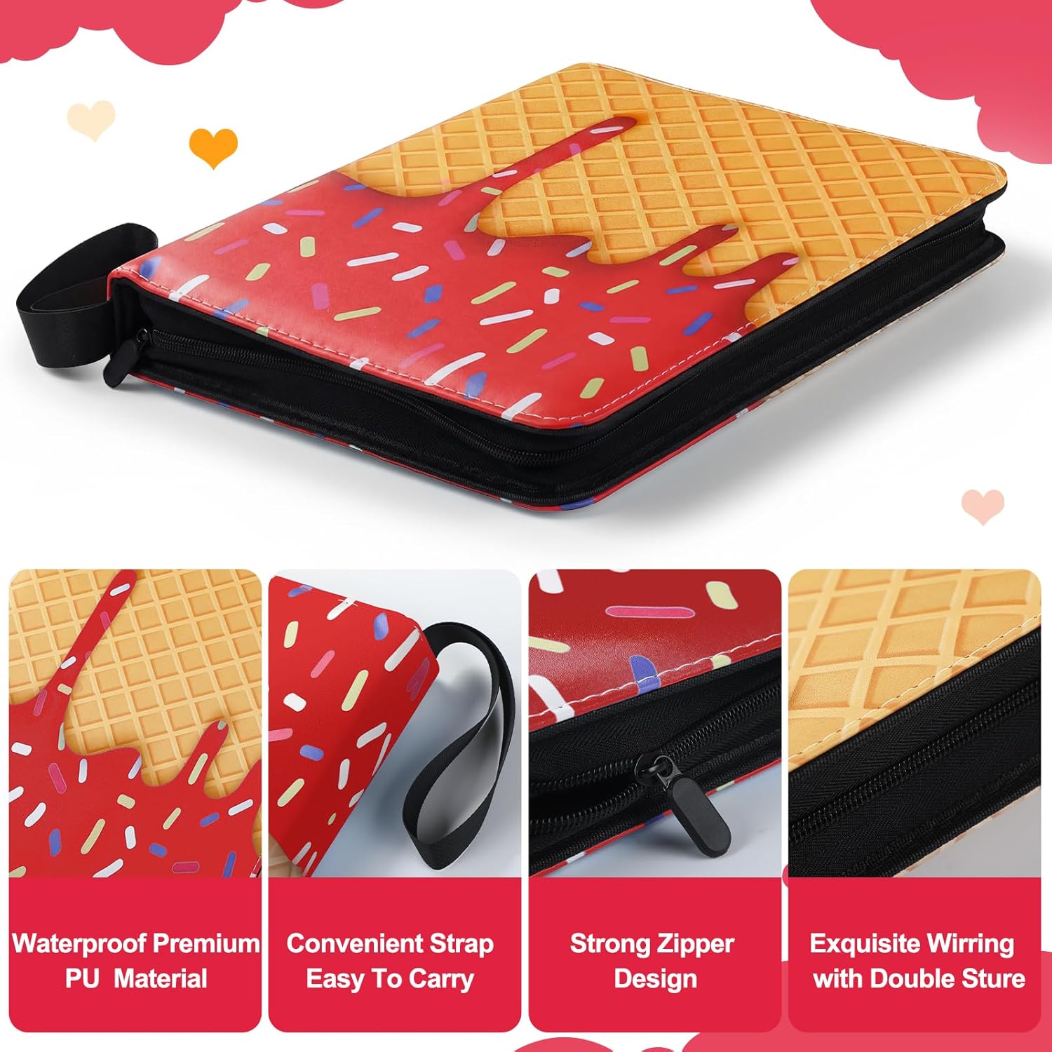 Ice Cream Drip Baseball Card Binder Trading Card Binder Portable Collector Cardholder Baseball Album Case for Boys Sports Game Supplies(Ice Cream,Red,900 Pocket)