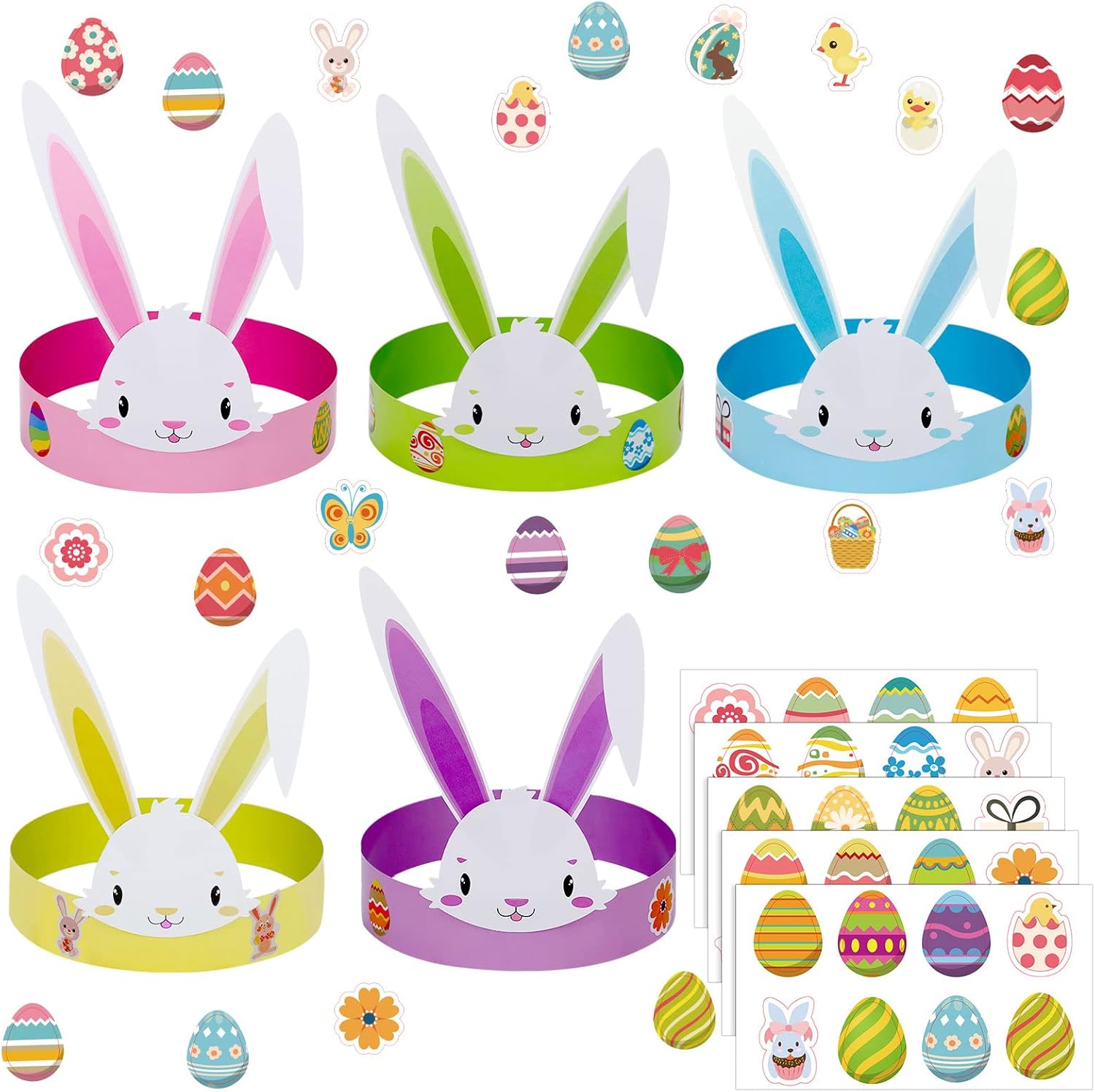 Vinsot 20 Sets Easter Headband Craft for Kids, 90 Pcs Easter Bunny Ears for Crafts Include Paper Loop Hat with Rabbit Cards Eggs Sticker Glue DIY Kits Colorful Element Crown Party Favors Supplies