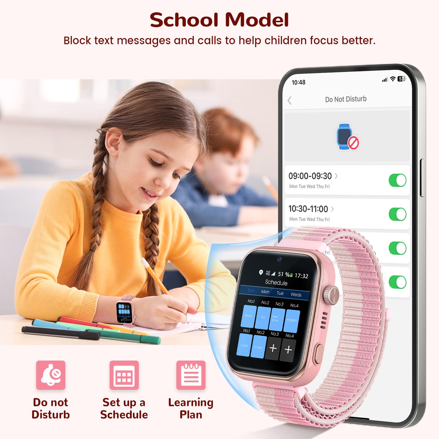 4G Children's Smartwatch, Smartwatch Children with GPS and Calls, Video Calls, Voice Chat, SMS, WhatsApp, SIM, SOS, School Mode, WiFi, Locator, Pedometer IP68 Watch Boy and Girls Pink Gift — view 5