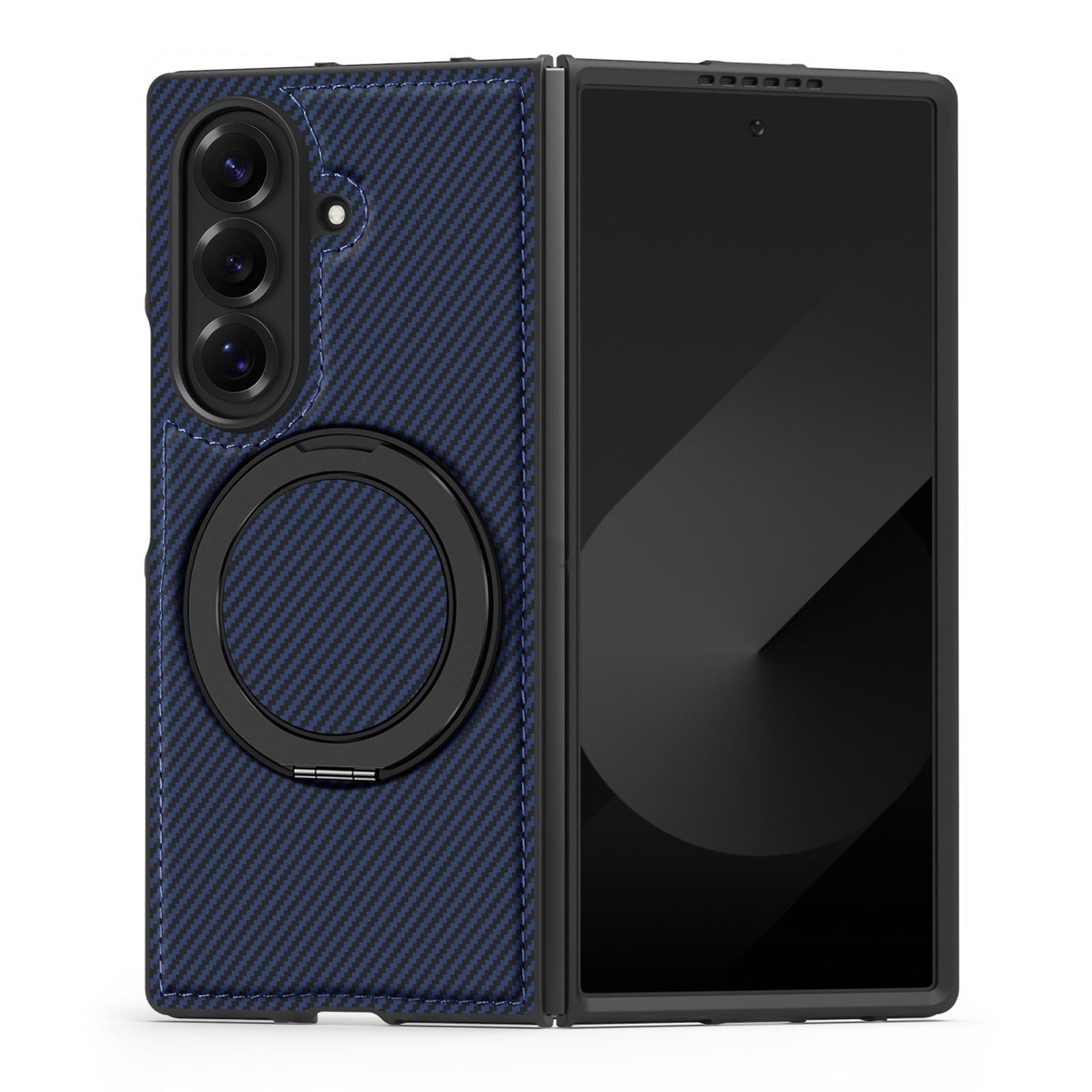 Cover Magnetica Per Samsung Galaxy Z Fold 8 Ultra Carbonio Anello | Cover business in pelle fibra di carbonio sottile con anello rotante. Design magnetico per uso quotidiano(Blue)