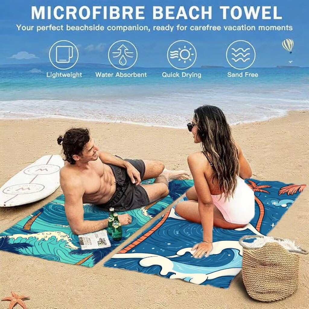 Serviette de Plage 90x200cm, Bleu Serviette Microfibre Lot de 2 Flots Motif Ultra Absorbantes Séchage Rapide Anti Sable Légère Drap de Plage avec Bouton Pression Design pour Piscine Voyages, Model446