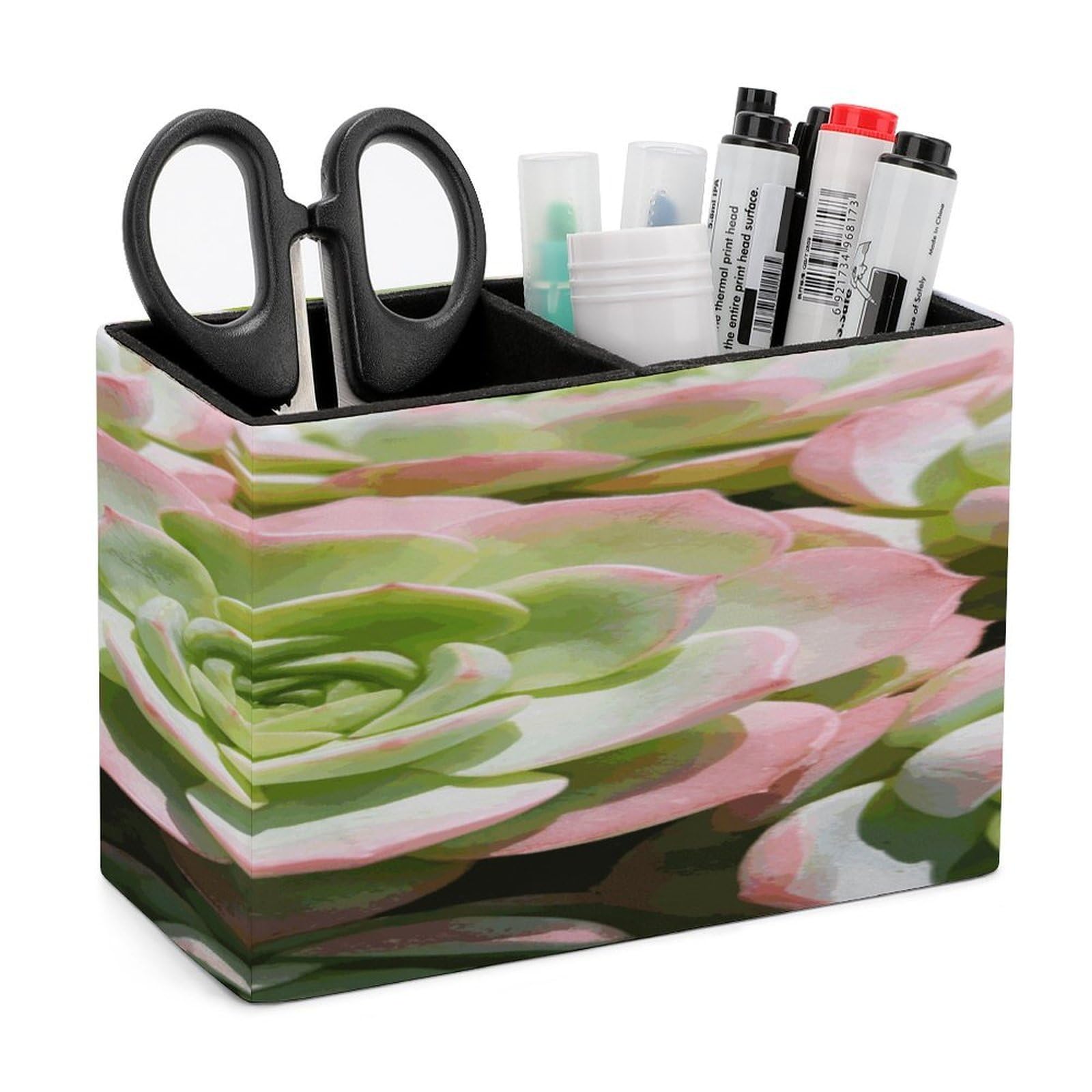 LZQPOEAS Watercolor Succulent Plants Pen Holder Double Compartments Pen Cup Makeup Brush Holders Leather Pencil Holder Locker Organizer for Work Locker Accessories Modern Pencil Cup for Desk