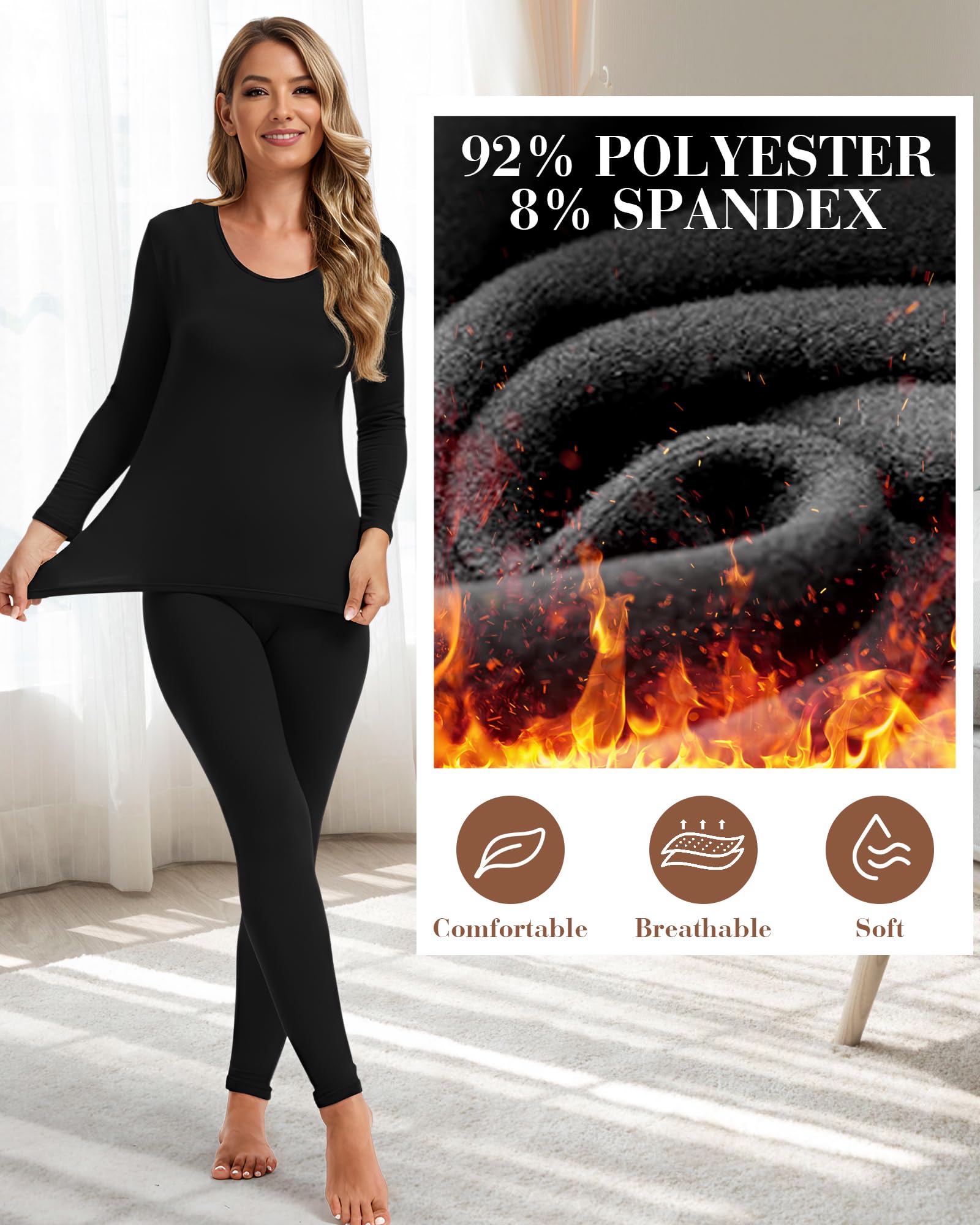 Patelai 3 Sets Thermal Underwear for Women with Fleece Lined Long Underwear Women Base Layer Cold Weather