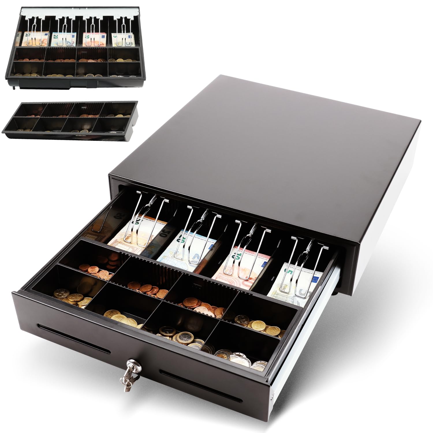 Olympia LD 410AT Kassenschublade | Geldkassette abschließbar mit Einwurfschlitz | RJ12-kompatibel | 8 Münz- & 4 Scheinfächer + Halteklammern | Metallgeldbox für Handel & Gastronomie | 41,5x41x10,4 cm