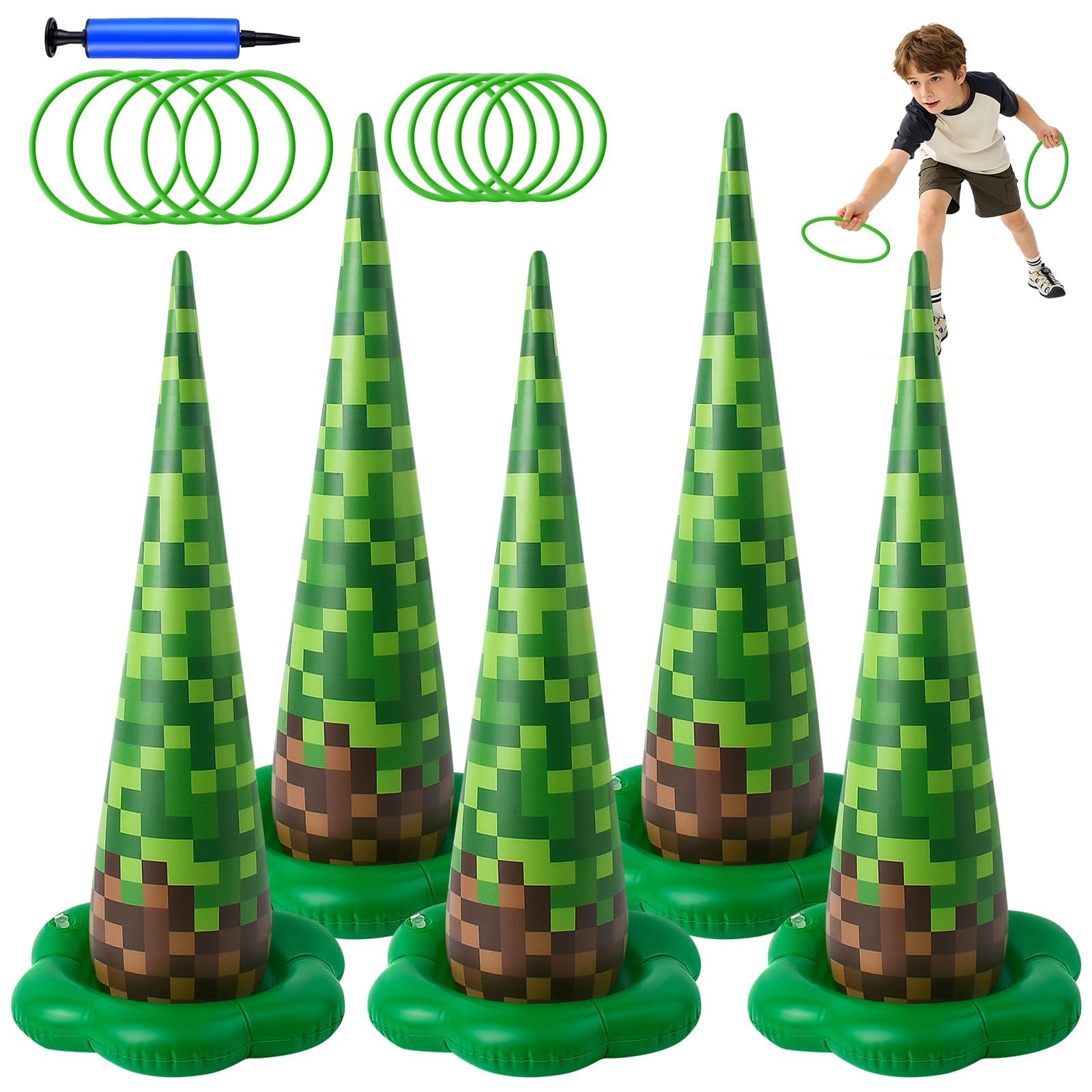 Paquete de 5 juegos inflables de lanzamiento de anillos, juego de juegos de fiesta temática con 10 anillos de plástico y bomba,