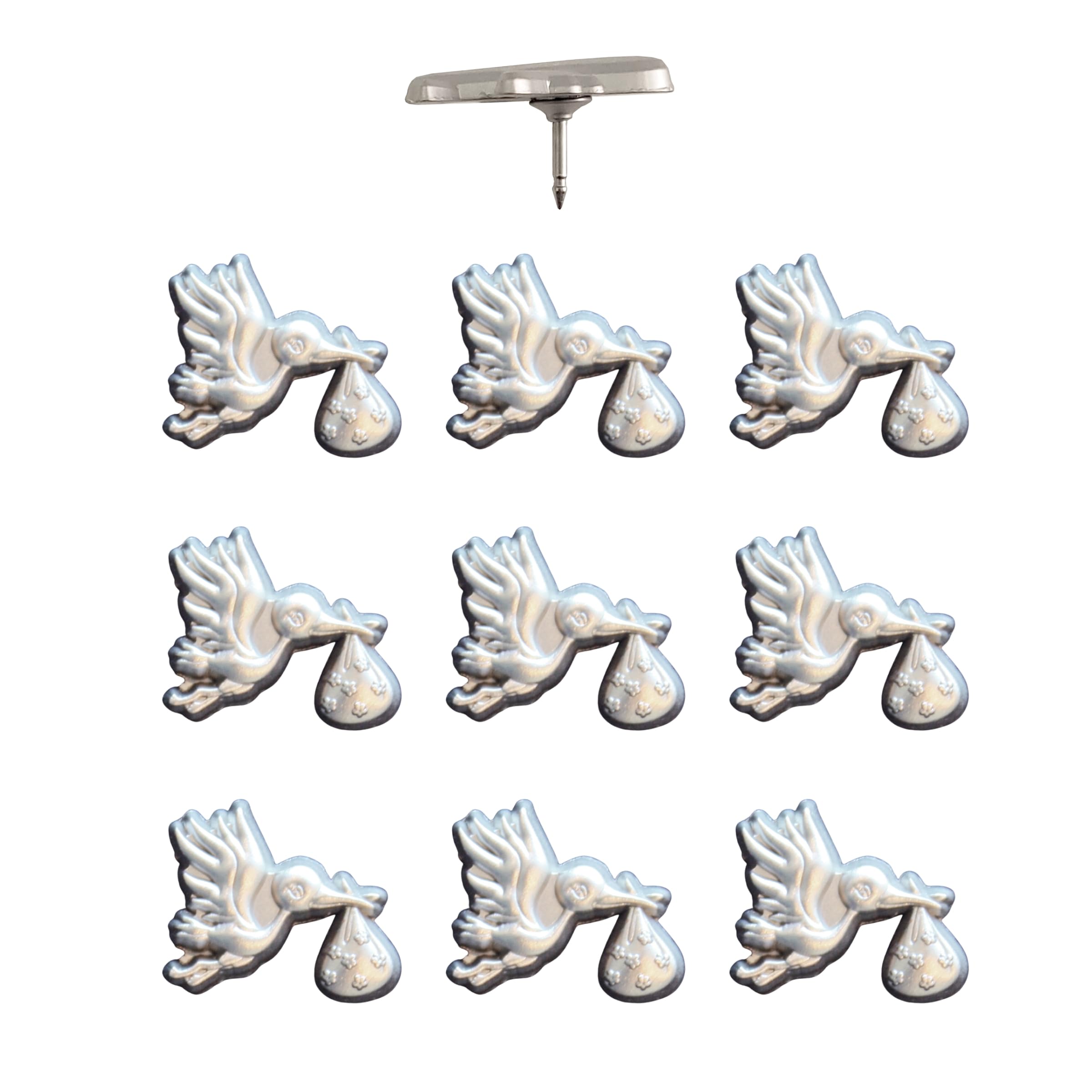 Stork Carrying Baby Map Pins - Silver Stork Pins for Cork Boards, Maps, or Lapel Use - Designed in USA - Set of 10