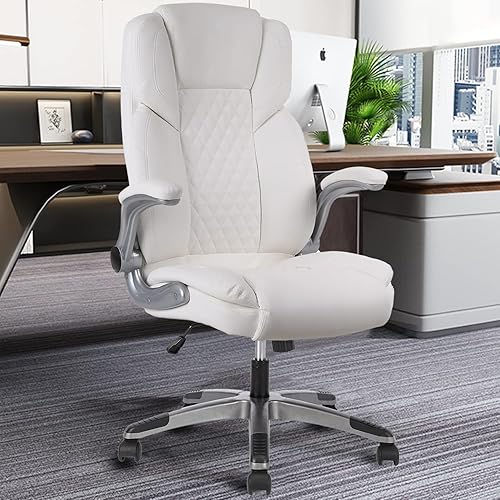 TAKUHAI Sillas de oficina ejecutivas blancas, sillas de oficina de cuero con respaldo alto con ruedas y brazos abatibles, sillas de escritorio