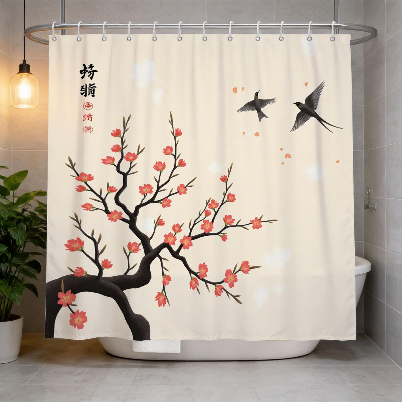 Hongduo 3D Cherry Blossoms Sakura Shower Curtain for Stalls Bathtubs Chic Bathroom Decor Shower Curtain Set Polyester Fabric Waterproof 200x200cm/79X79 Inch with Hooks