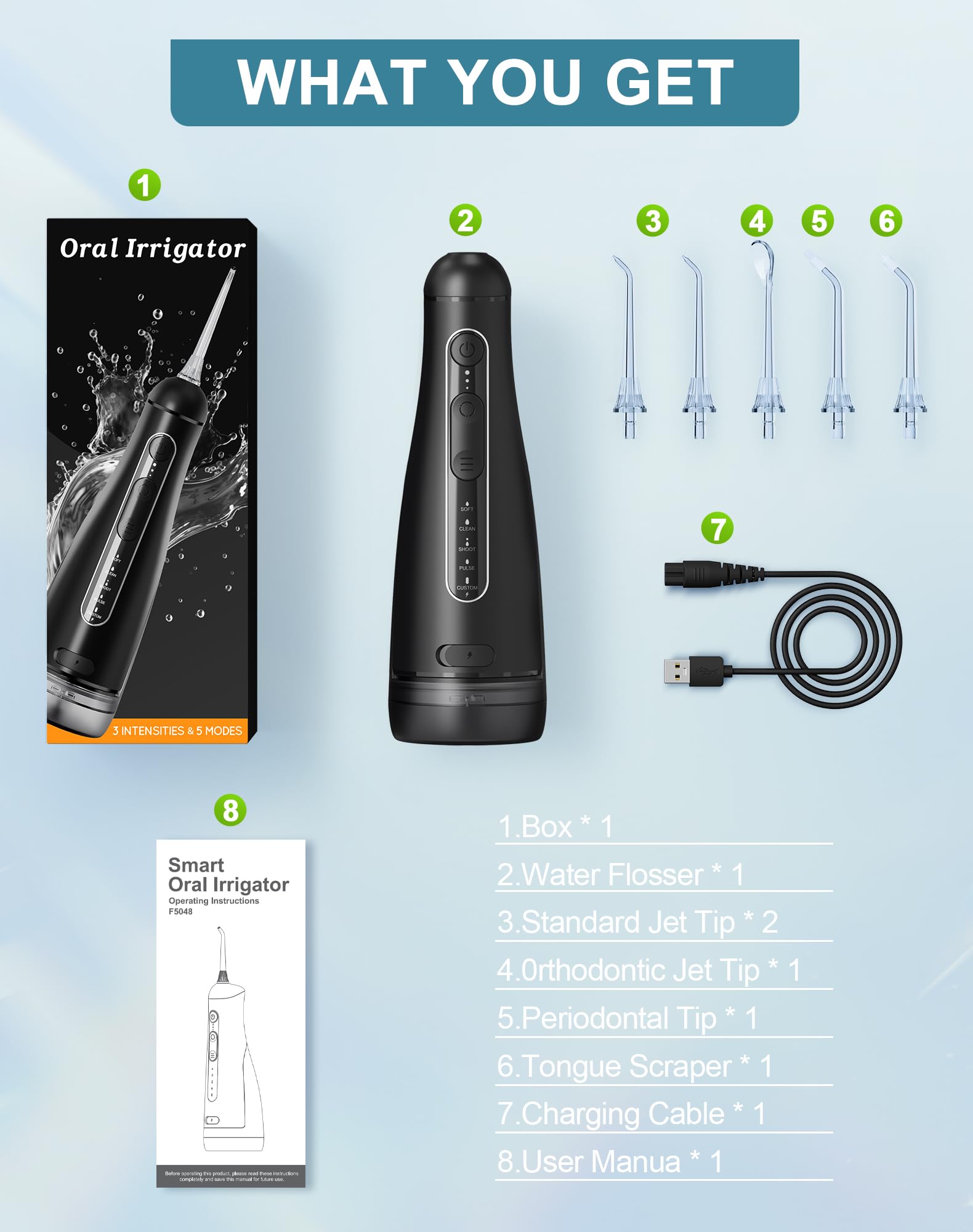Jet Dentaire Hydropulseur Portable, Hydropulseurs et Irrigateurs 5 Modes 20 Niveaux & 3 Intensités, Réservoir 300ml à Fond Détachable, Irrigateur Sans Fil IPX7, Sans BPA, Silencieux