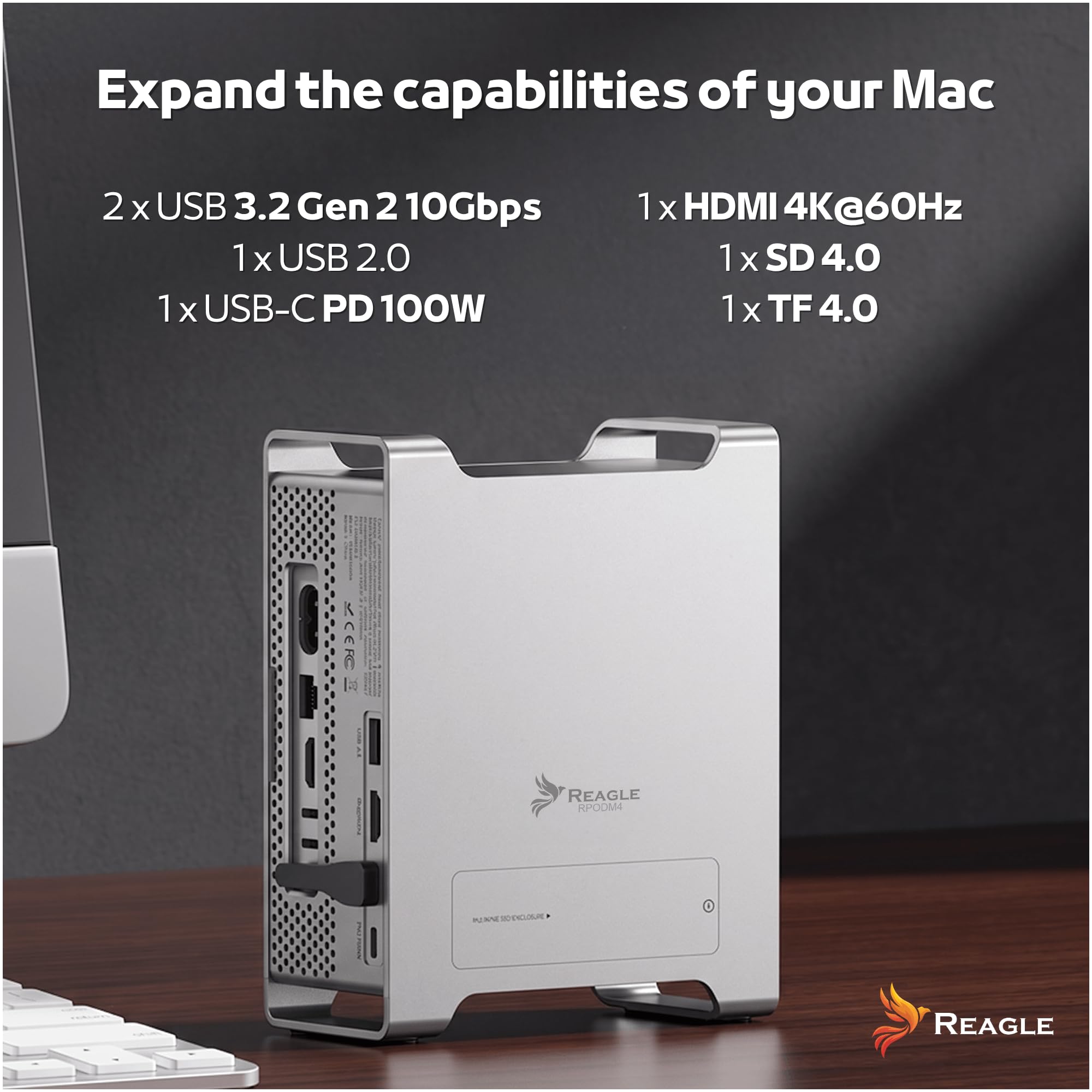 Reagle Dockingstation 3in1 für Mac mini M4/M4 Pro 2024, USB-C Hub und Aluminium-Ständer mit M.2 NVMe SSD-Gehäuse bis 8TB, HDMI 4K 60Hz, 2X USB-A 10 Gbit/s, SD/TF 4.0, PD 100W