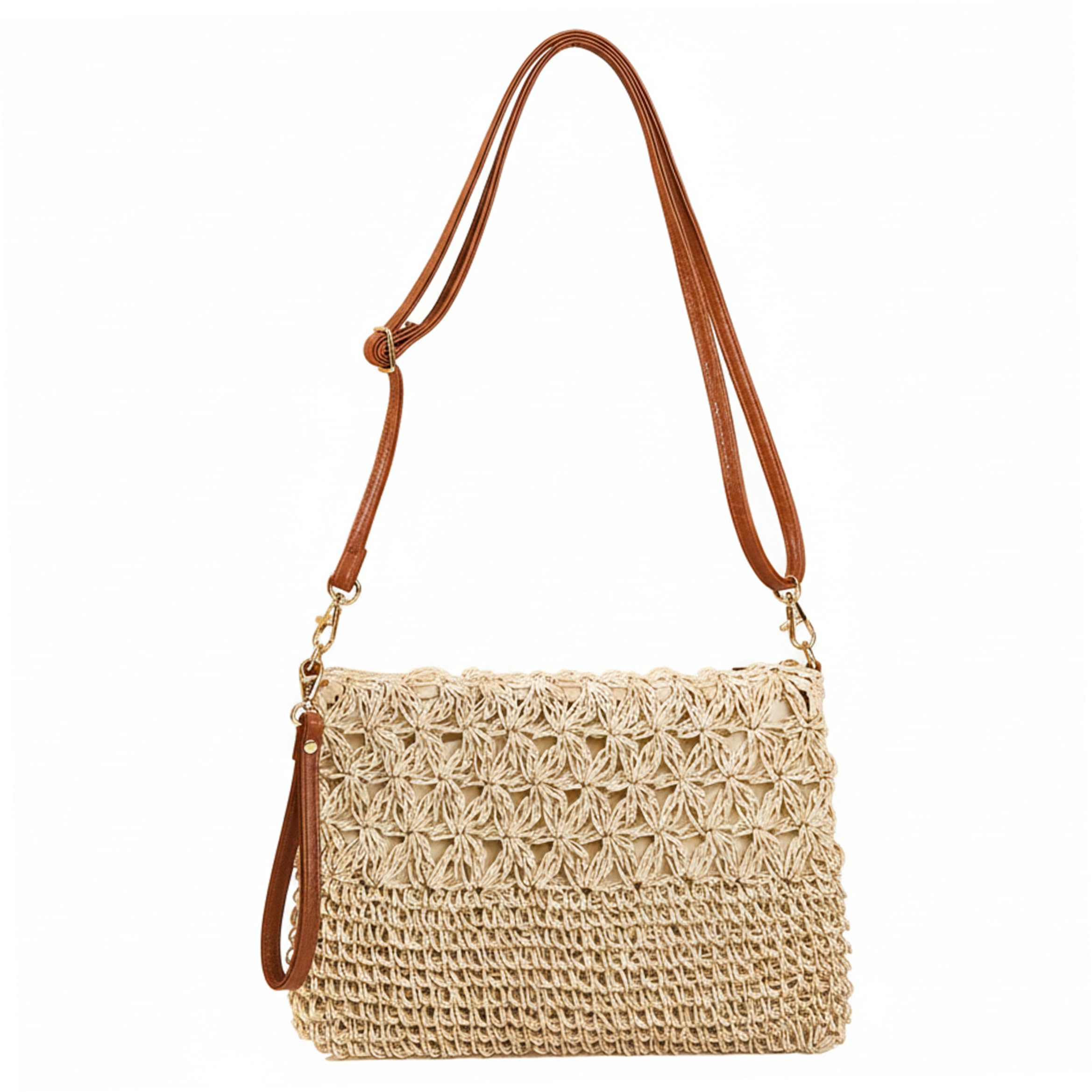 Awnsimfreien Unisex Beige Straw Bag, Straw Beach Bag For Women, Handwoven Hollow Rice-Pattern Raffia Crossbody Bags, Dual-Strap Summer Beach