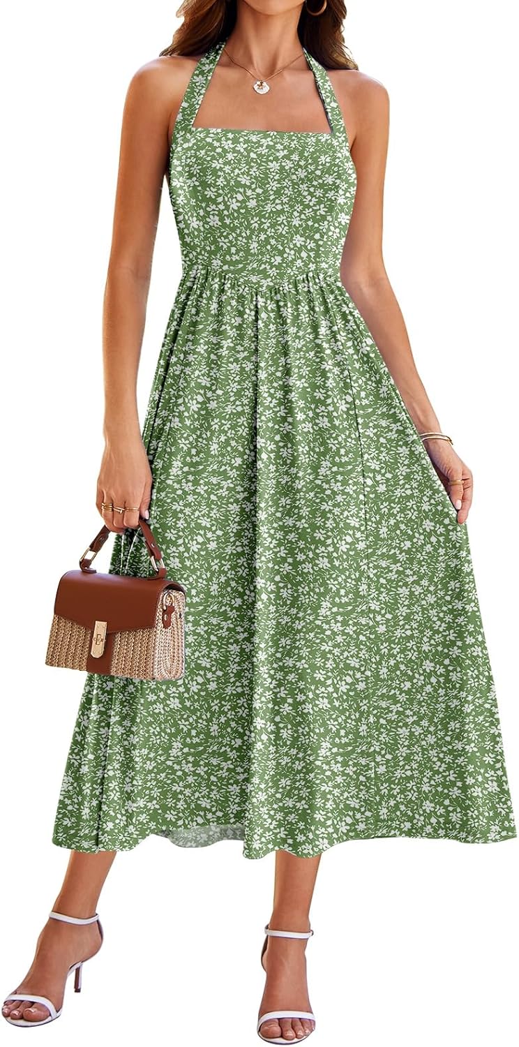 Sureple Women's Summer Halter Midi Dress with Pockets Sleeveless Drop Waist Swing Aline Flowy Beach Sun Dresses