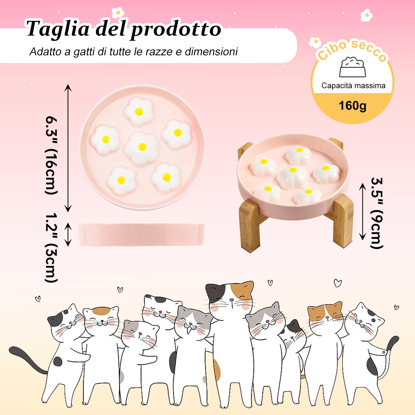 Ciotola Anti-ingozzamento Rialzata per Gatto - Ciotola in ceramica con supporto in bambù antiscivolo - Con motivo a labirinto per alimentazione lenta - Fiori bianchi