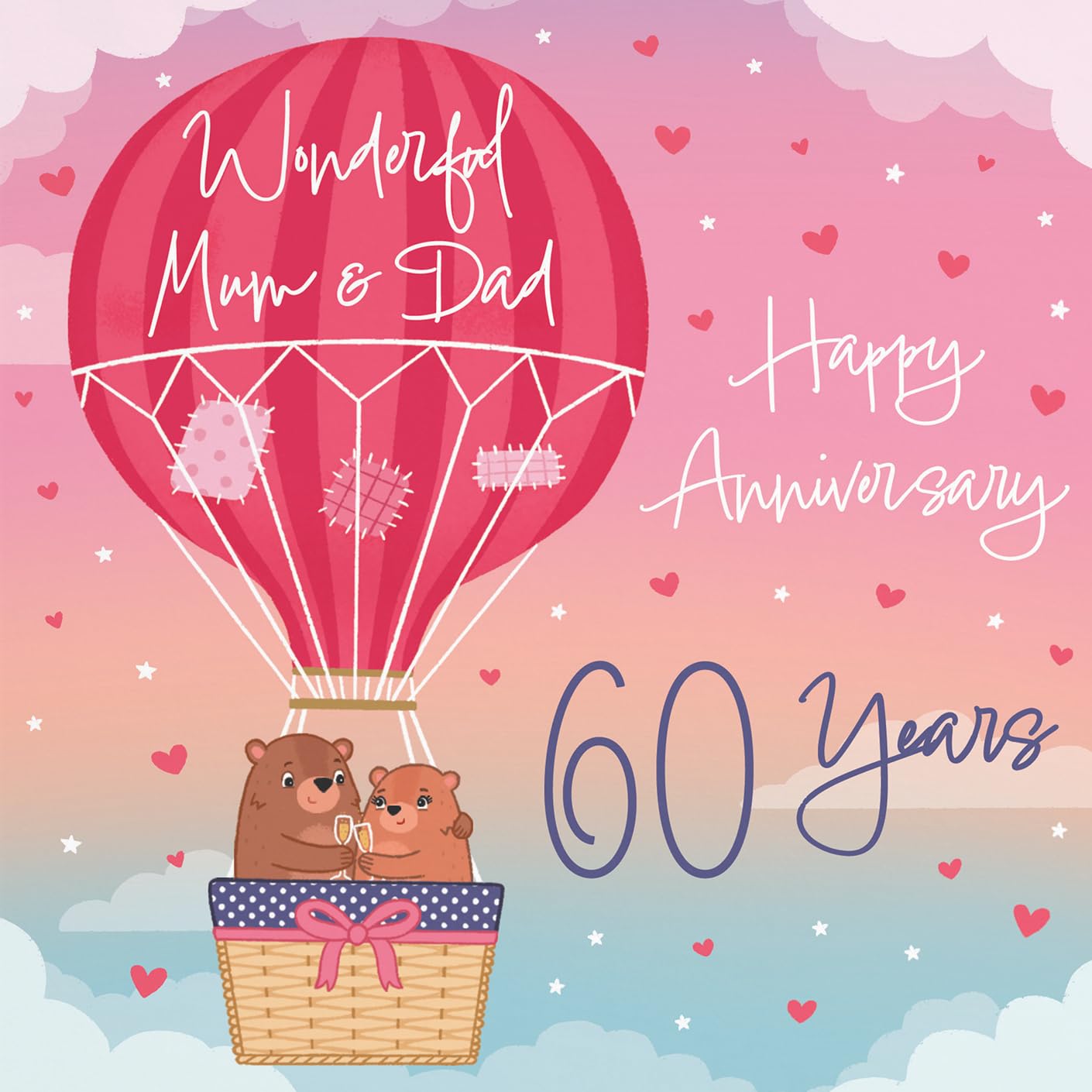 Hunts England, 60th Mum And Dad Hot Air Balloon Anniversary Card, Cute Bears Collection - Image 2