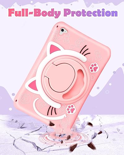 Miniatura 6 de Funda para iPad 6 generación, iPad Air 2Pro de 9.7 pulgadas, diseño de gato kawaii, diseño femenino de dibujos animados con mango giratorio y correa